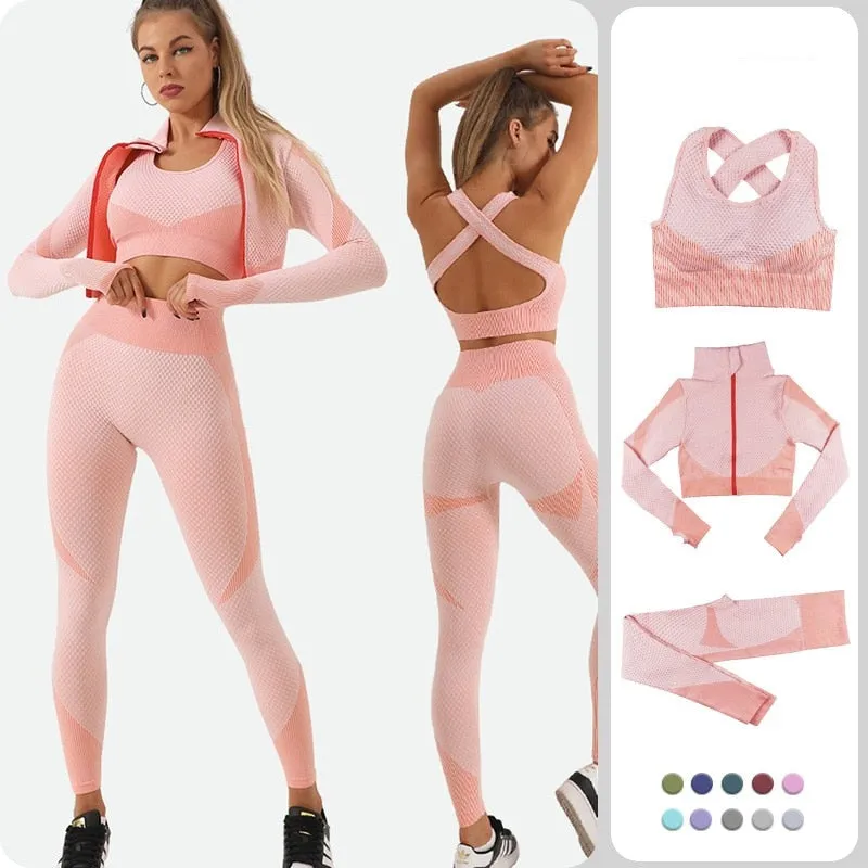 2/3 Pieces Seamless Women Yoga Set Fitness Crop Top Bra Zipper Long Sleeve Jacket High-Waisted Tight Pants Gym Exercise Clothing