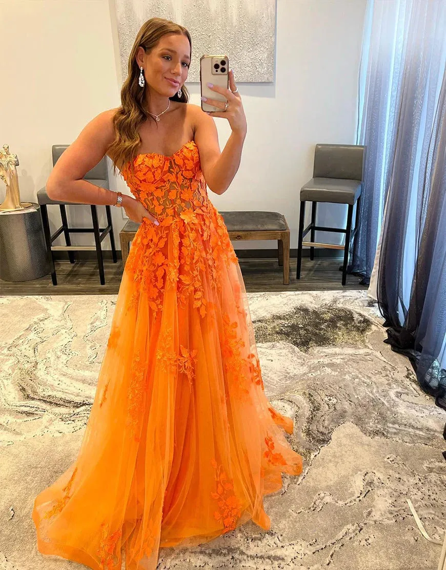 A Line  Long Orange Appliques Sweetheart Prom Dress,BD930617