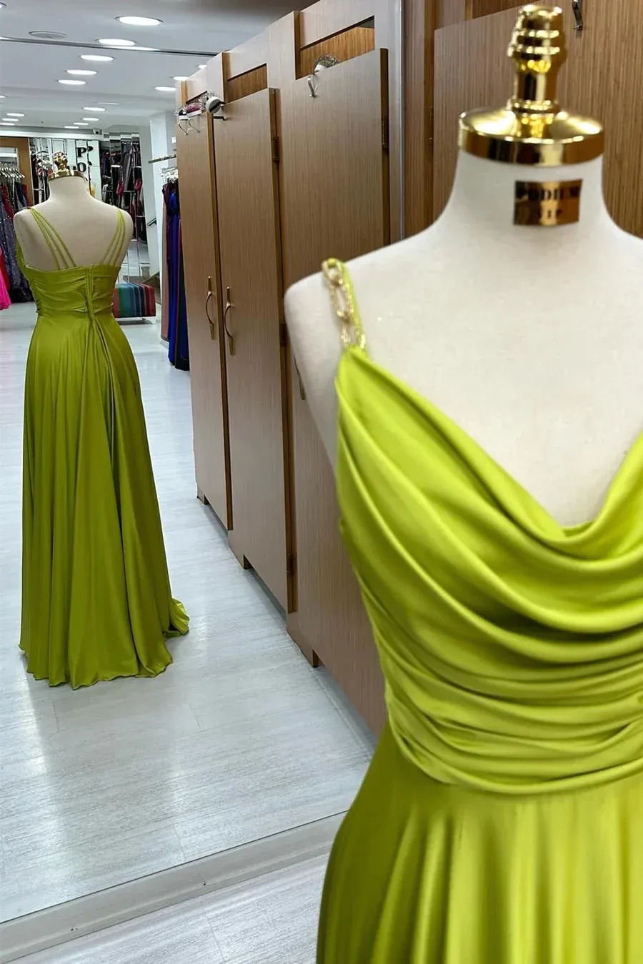 A-Line Olive Green Cowl Neck Chain Strap Long Prom Dresses,BD93123