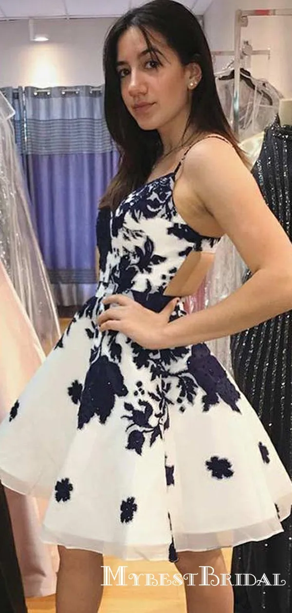 A-Line Spaghetti Straps Short Homecoming Dresses With Navy Appliques, TYP0053