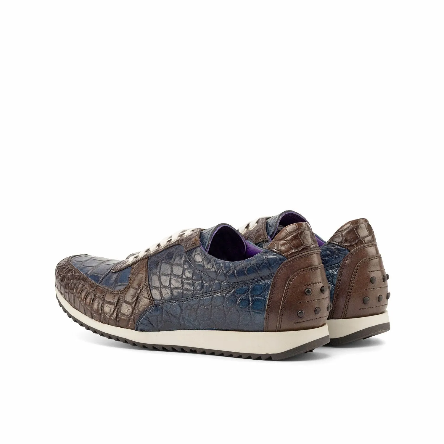 Dark Brown and Navy Ambrogio Bespoke Mens Sneakers Made from Exotic Alligator and Calfskin Leather (AMB2202) - Corsini Model