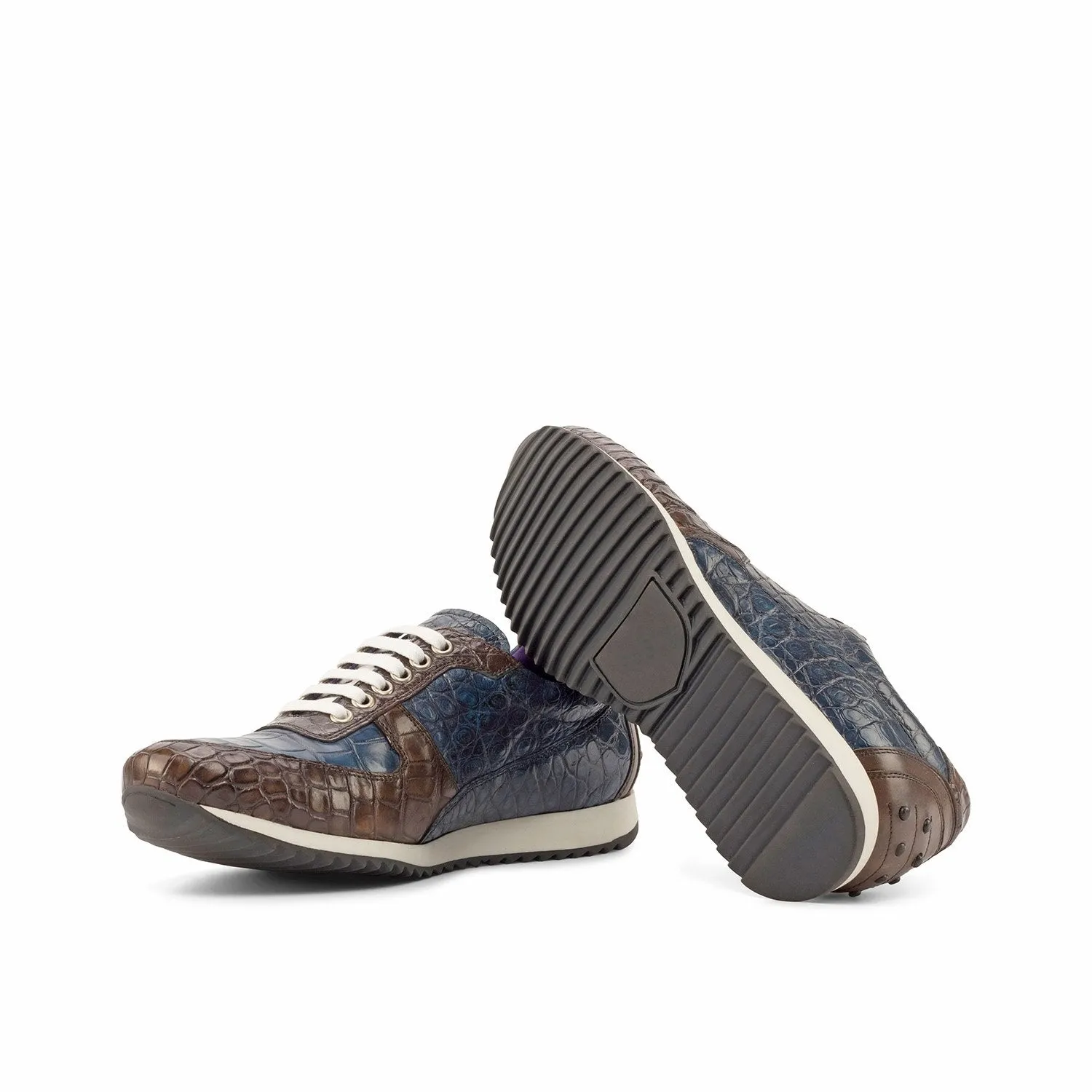 Dark Brown and Navy Ambrogio Bespoke Mens Sneakers Made from Exotic Alligator and Calfskin Leather (AMB2202) - Corsini Model