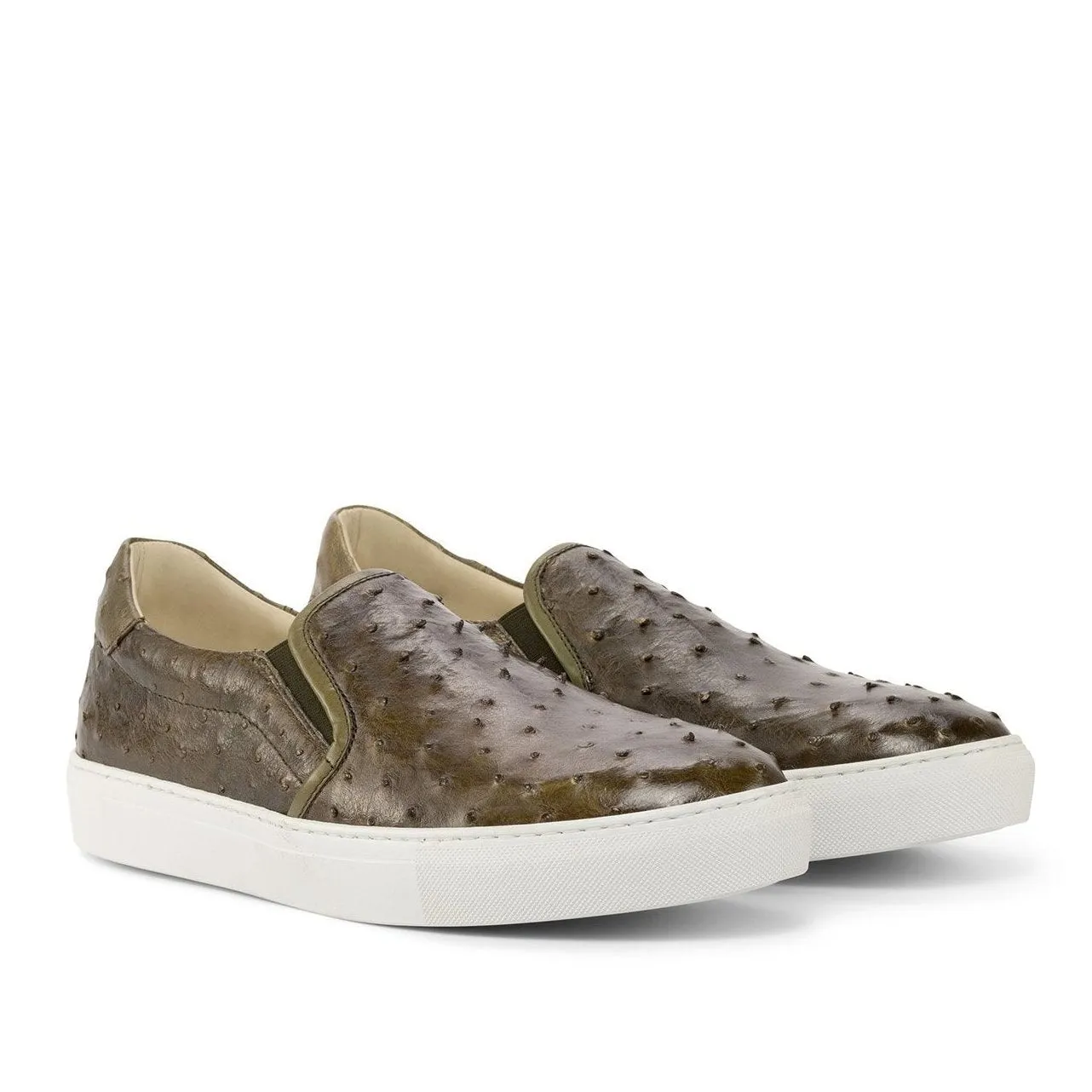 Ambrogio Bespoke Custom Men's Shoes Olive Exotic Ostrich Skin Slip-On Sneakers (AMB2214)