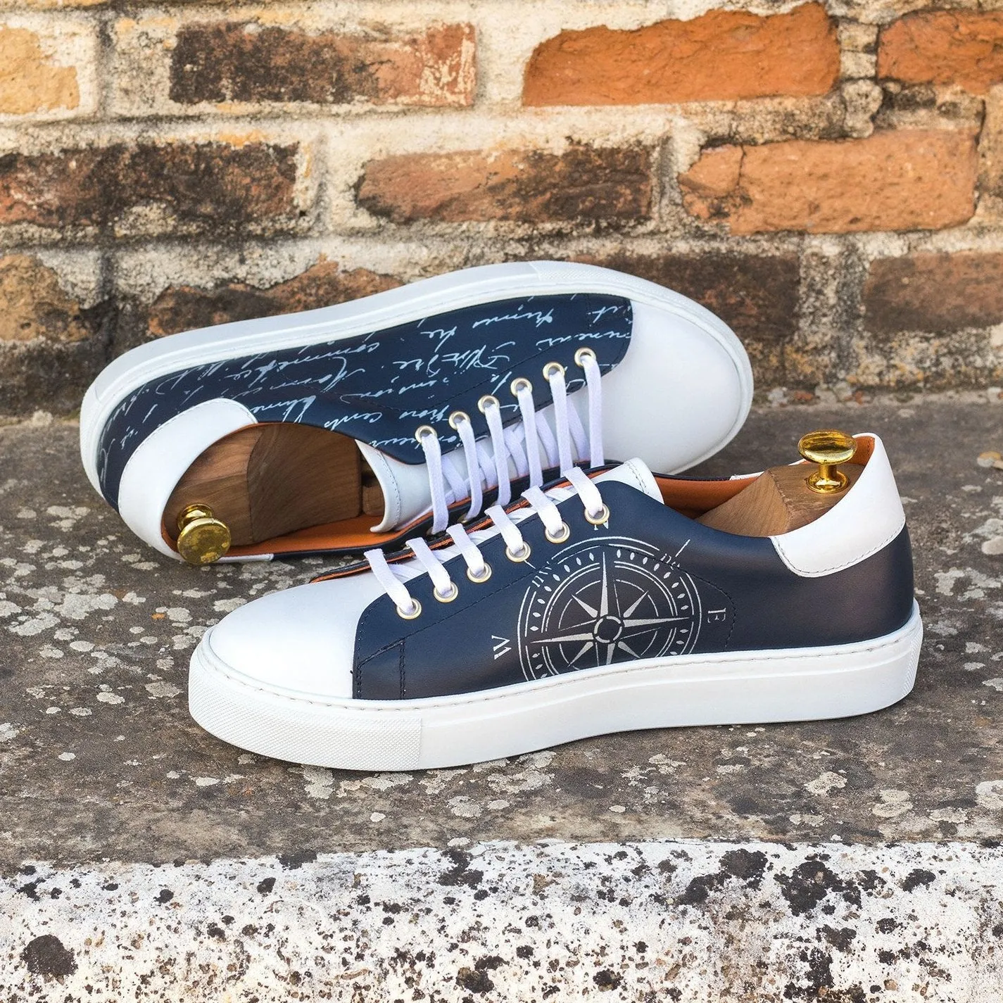 Ambrogio Bespoke Custom Men's Shoes White & Navy Calf-Skin Leather Stencil Trainer Sneakers (AMB2223)