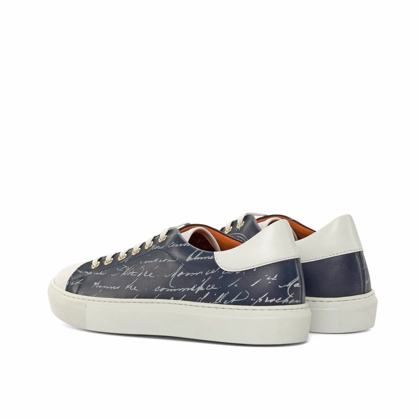 Ambrogio Bespoke Custom Men's Shoes White & Navy Calf-Skin Leather Stencil Trainer Sneakers (AMB2223)