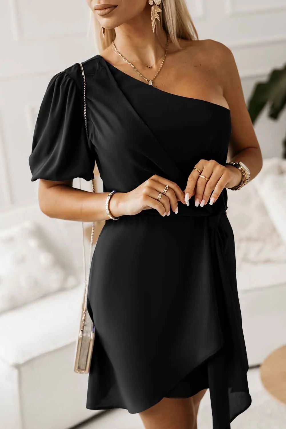 Asymmetric Bubble Knot Wrap Dress