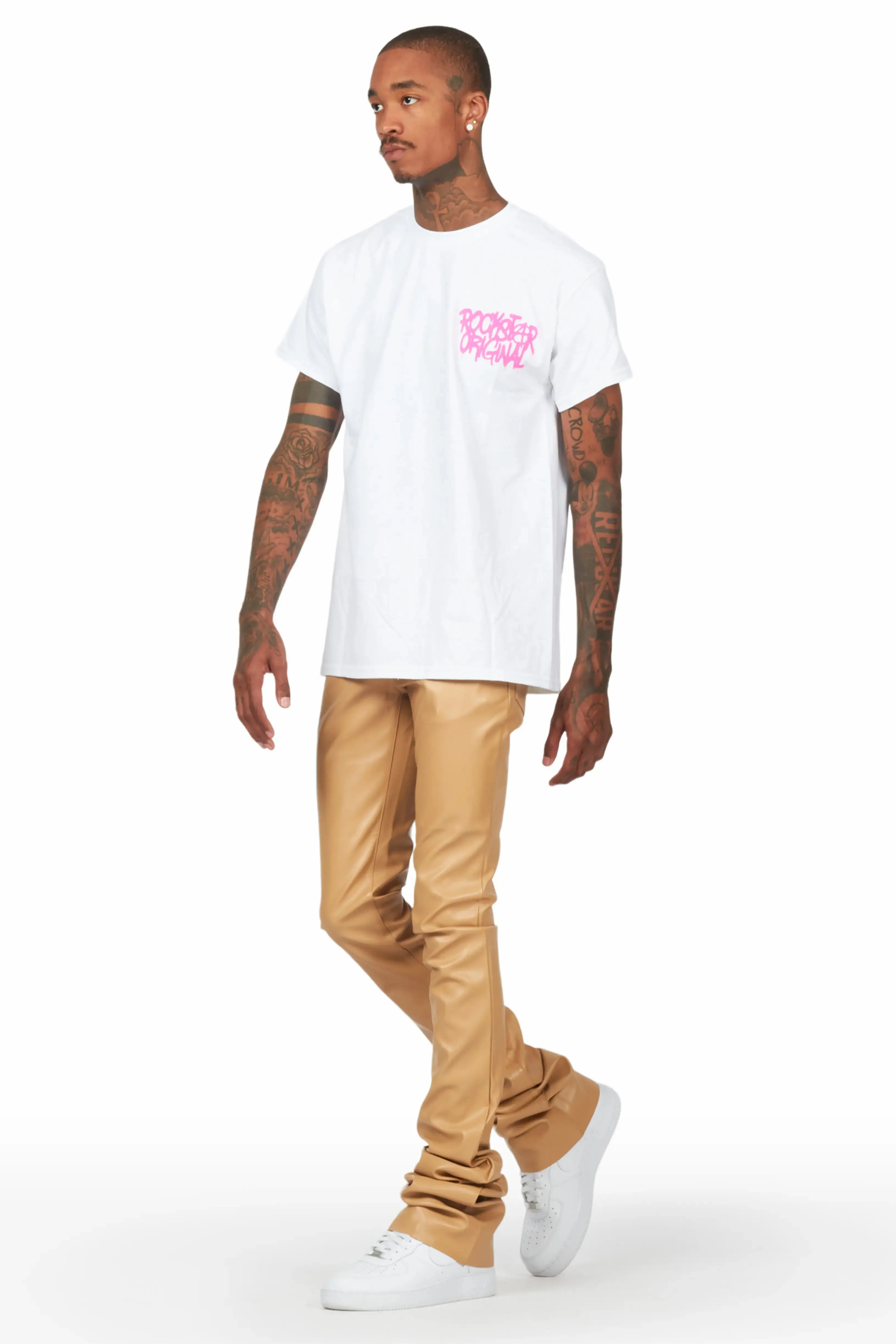 Badbich White T-Shirt & Ricky Tan Super Stacked Faux Leather Pant Bundle