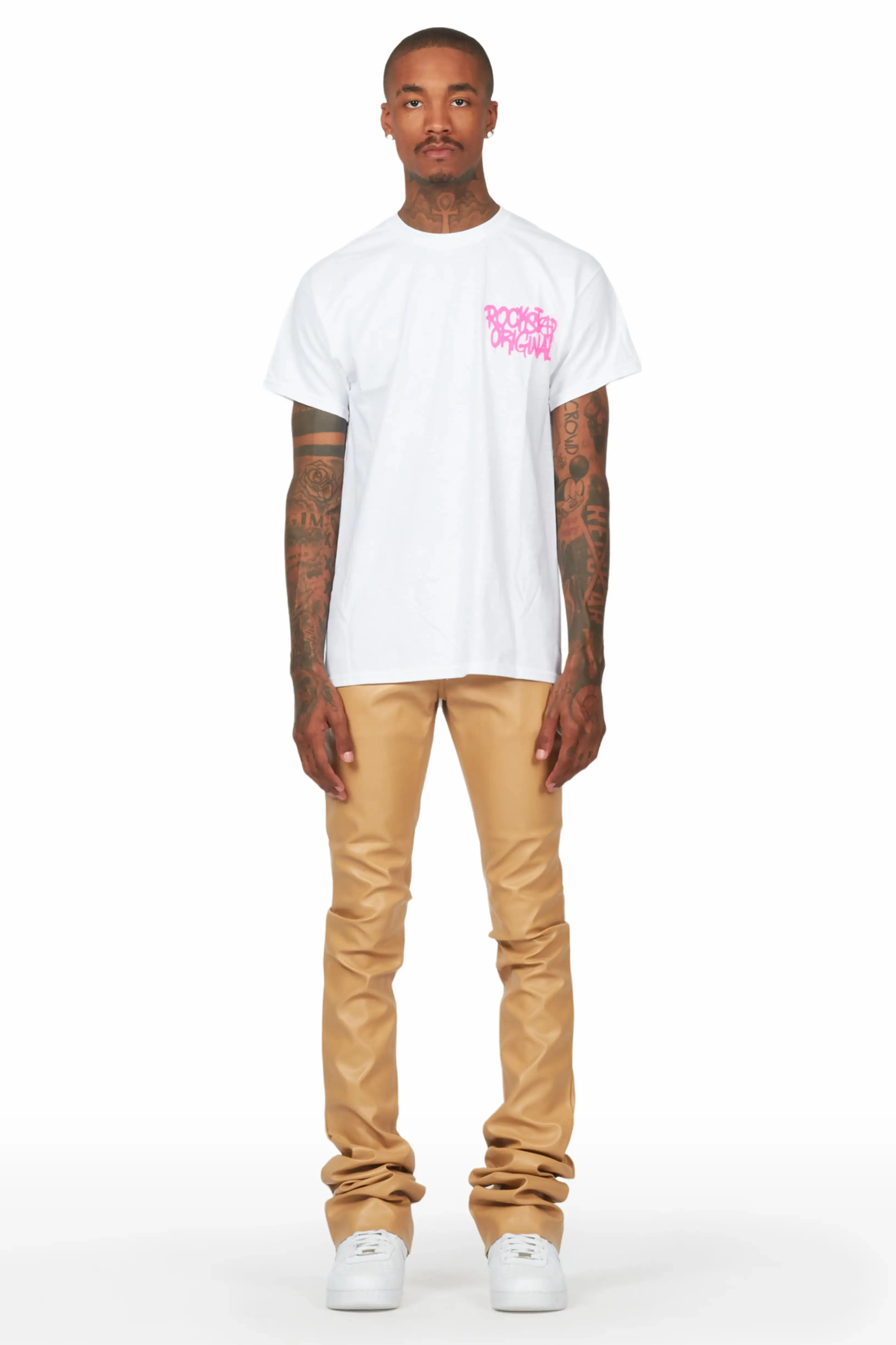 Badbich White T-Shirt & Ricky Tan Super Stacked Faux Leather Pant Bundle