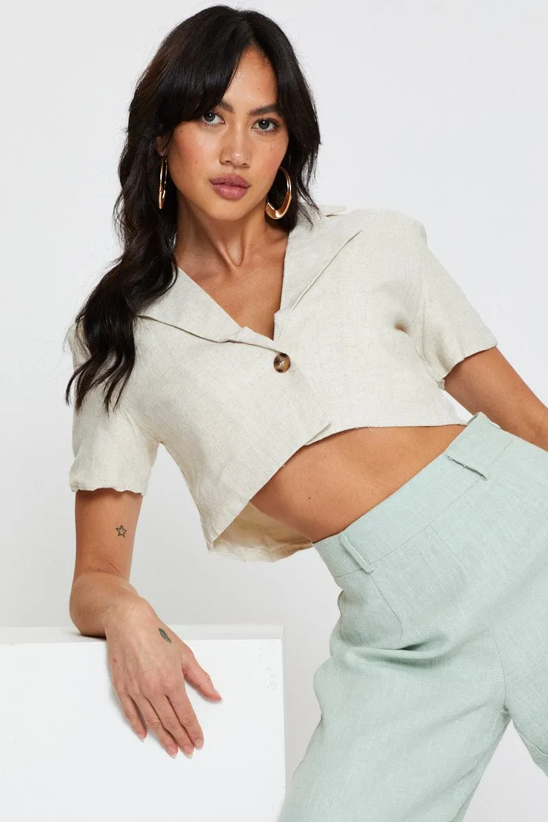 Beige Crop Jacket Short Sleeve Collared