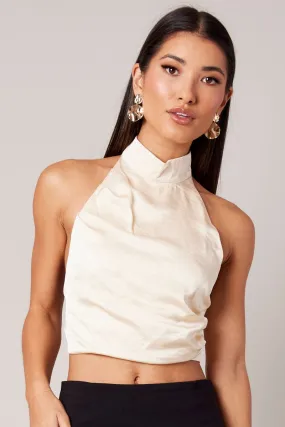 Beige High Neck Top Sleeveless Tie Back Satin