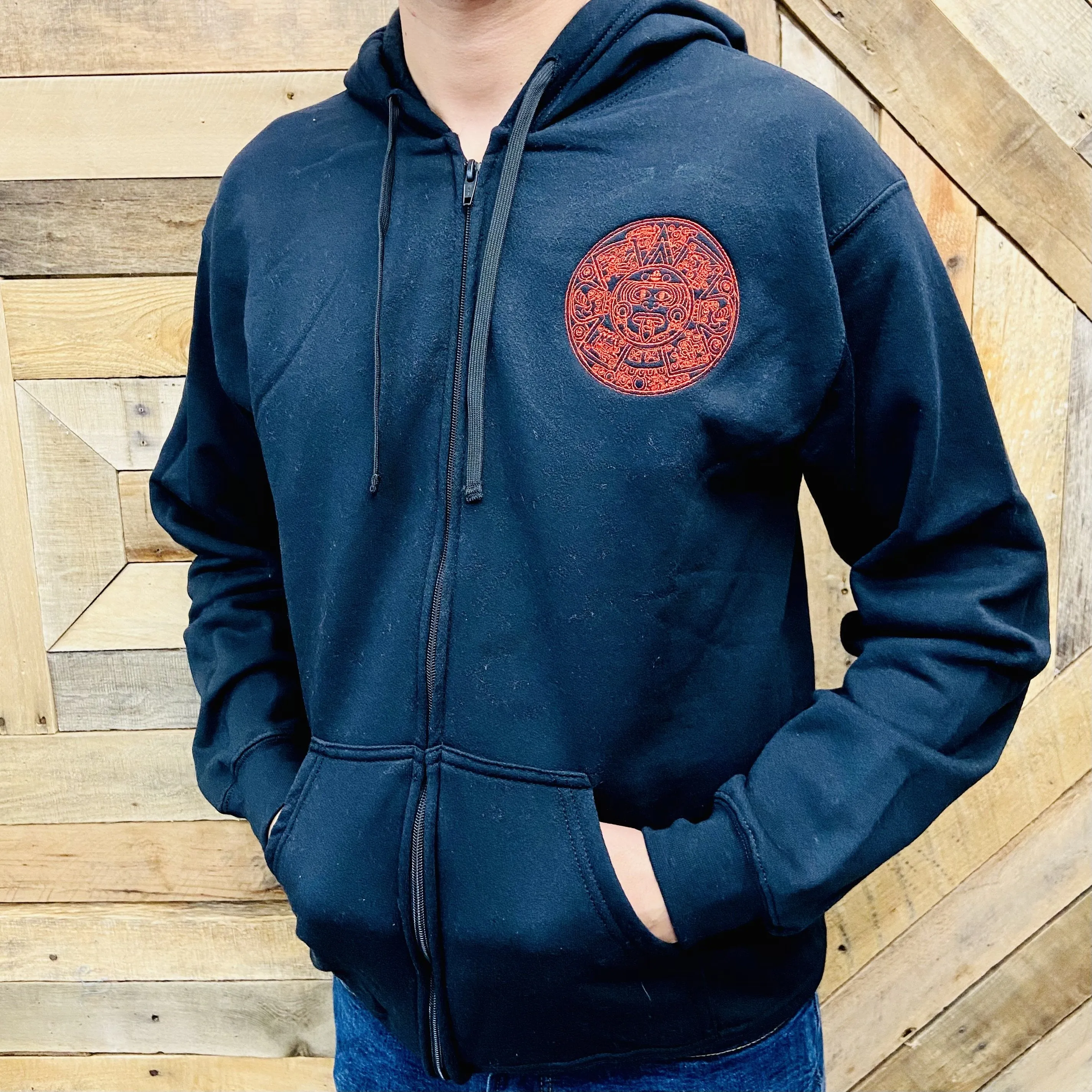 Black Embroider Men Hoodie - Aztec Calendar