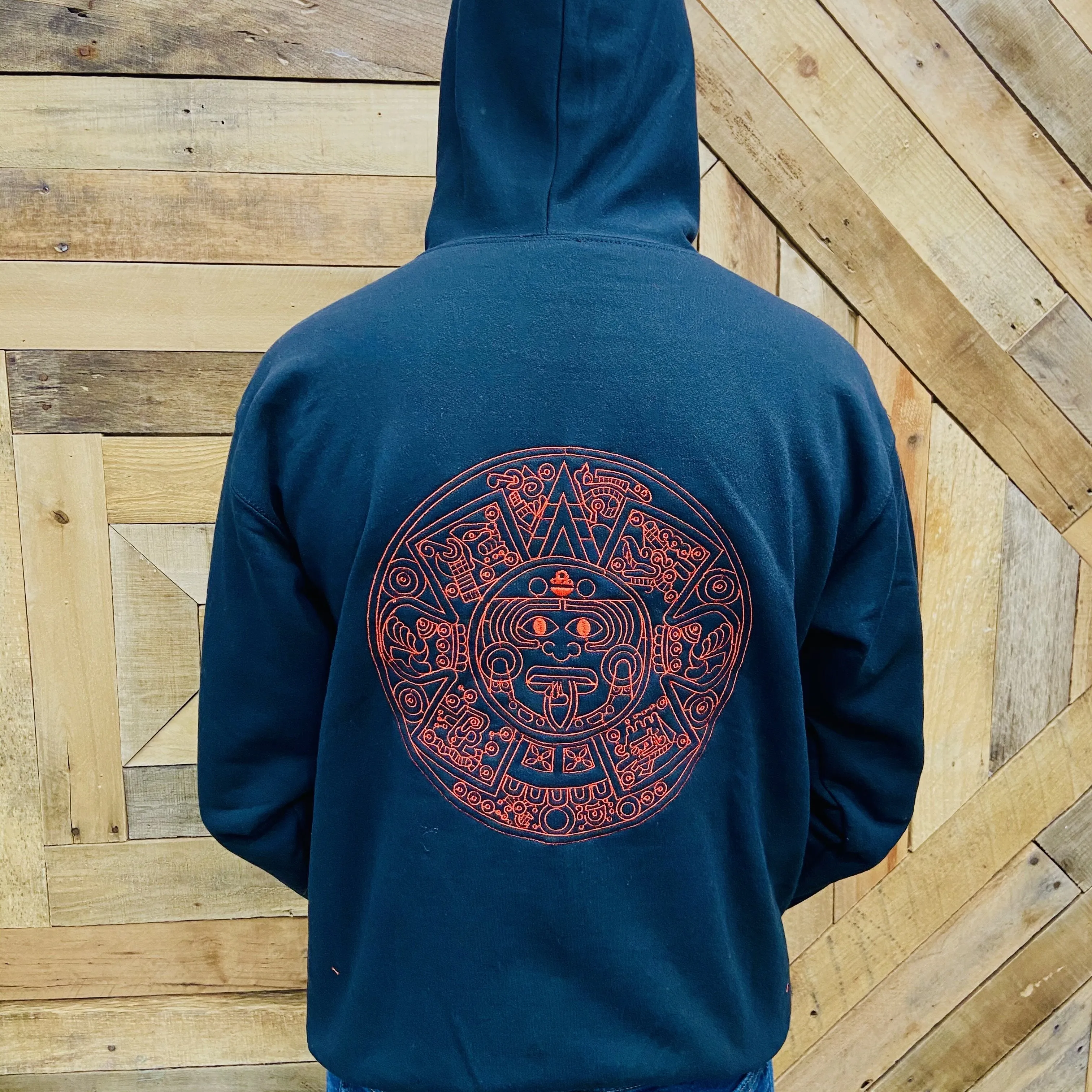 Black Embroider Men Hoodie - Aztec Calendar