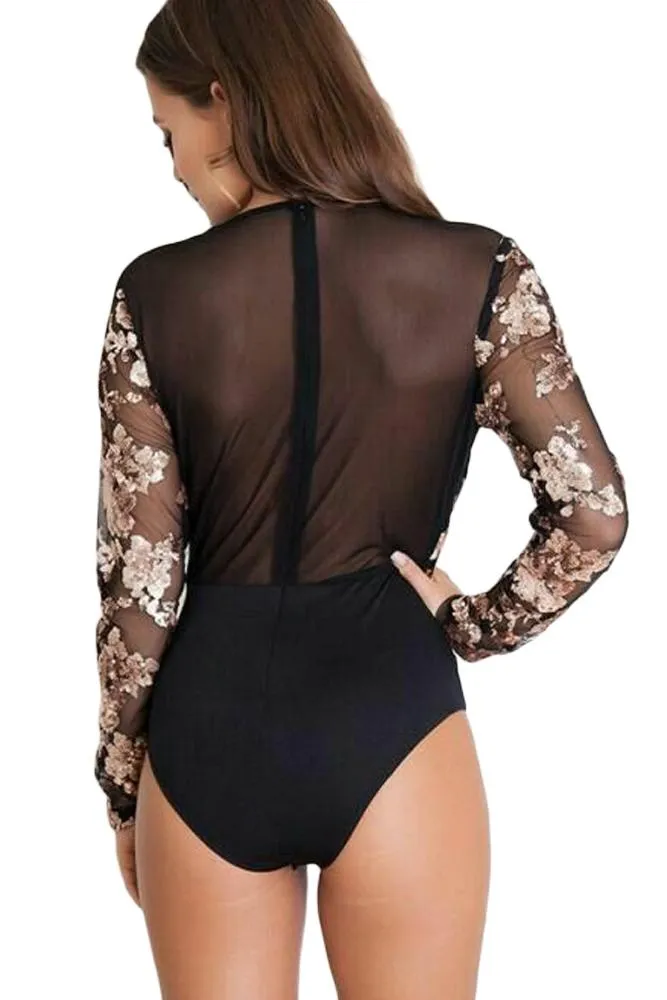 Black Gold Sequin Mesh Bodysuit