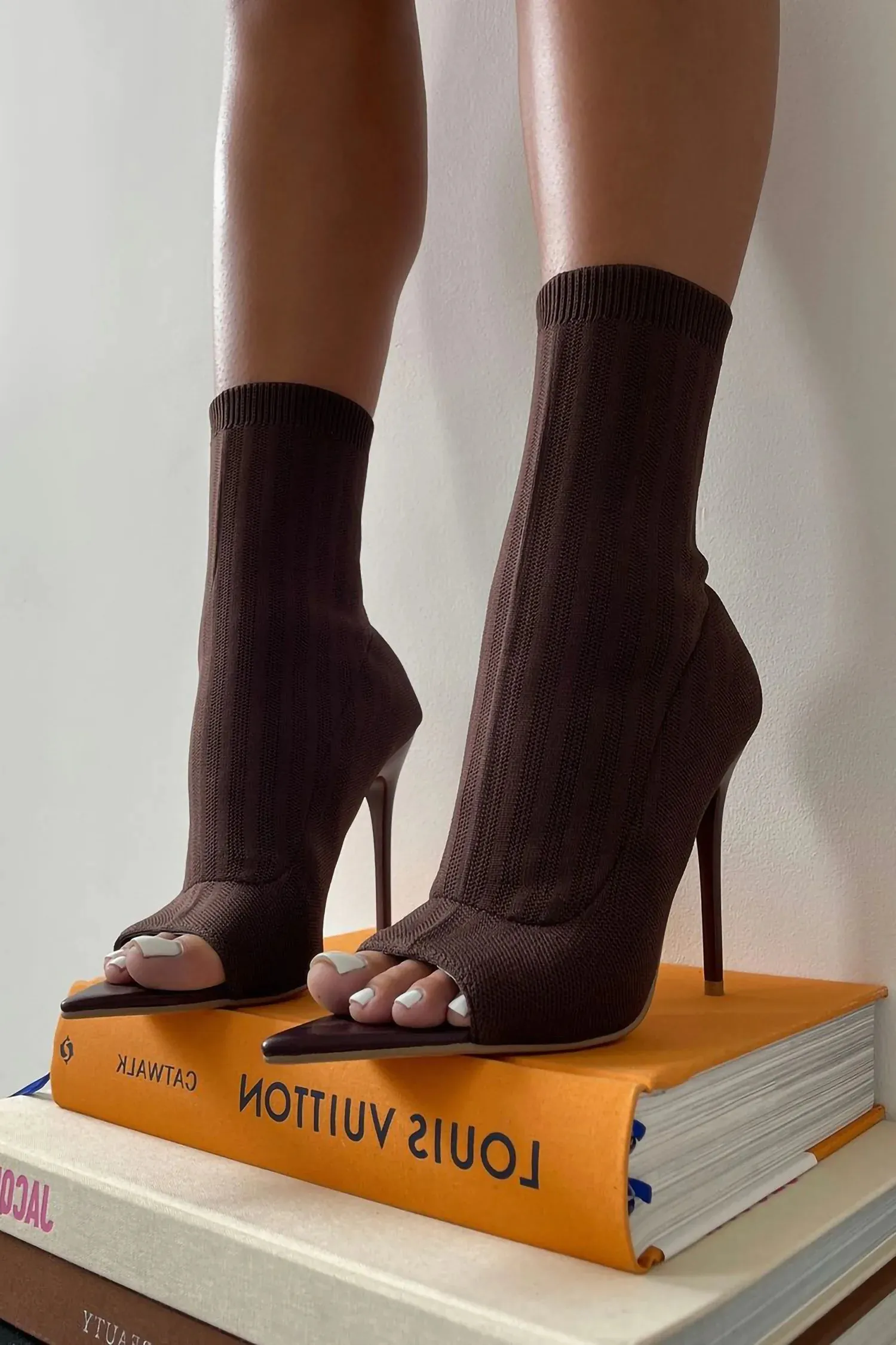 Brown Pointed Peep Toe Stiletto Heels Ankle Sock Boots