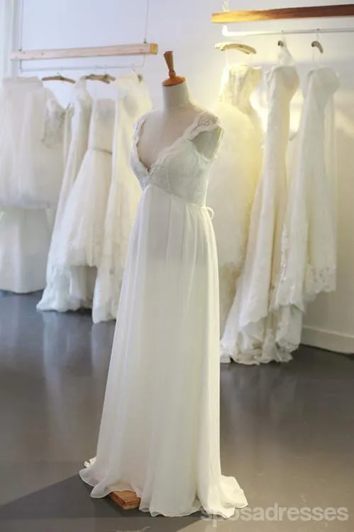 Cap Sleeve V Neck Casual Simple Beach Wedding Dresses, WD326