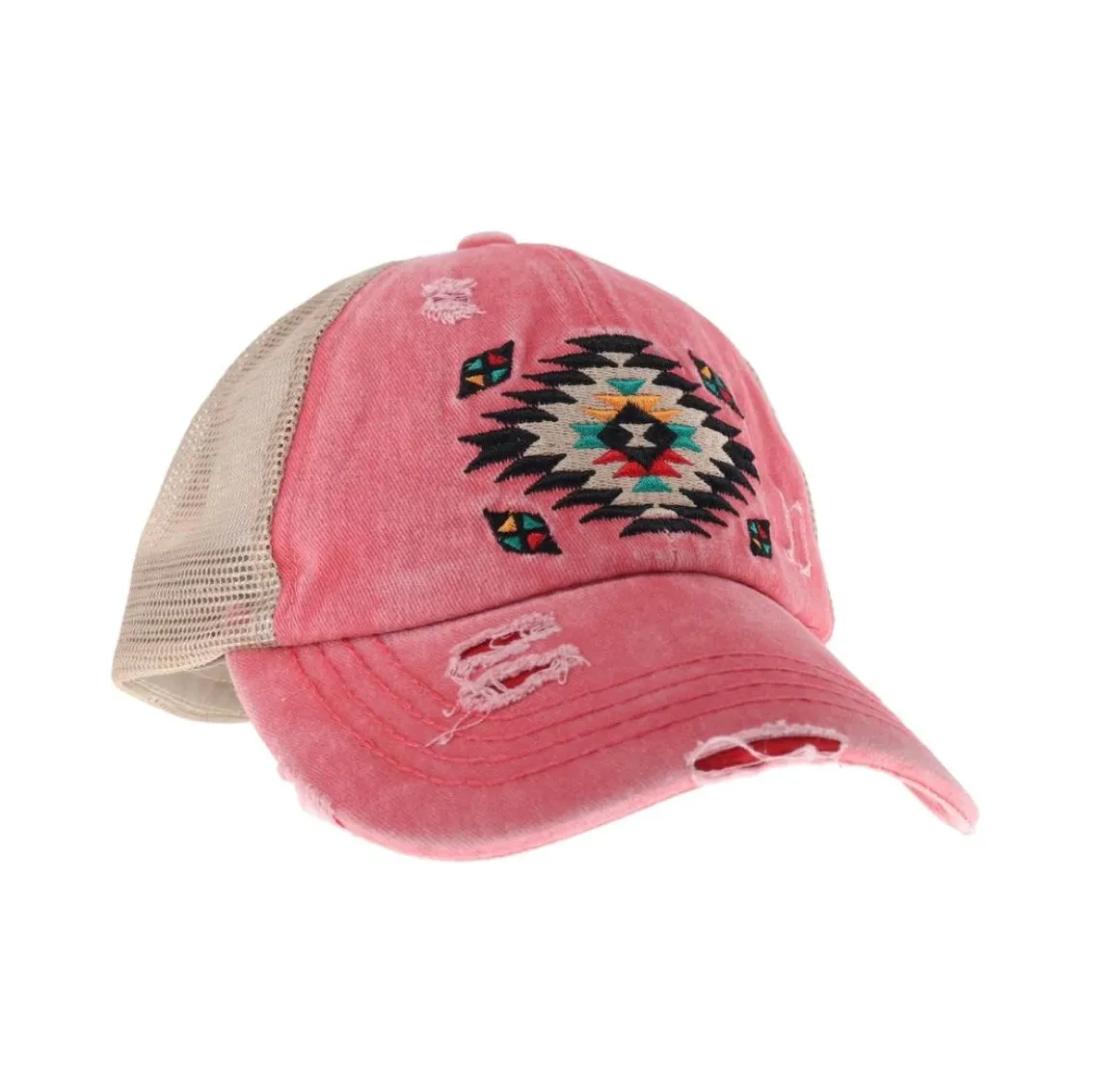 CC Aztec Criss Cross High Pony Distressed Hat - Coral