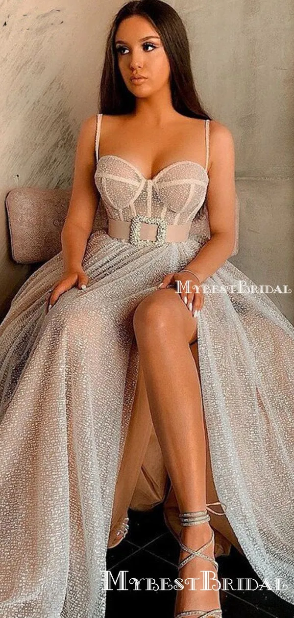 Charming Spaghetti Strap Sweetheart Sexy Side Slit A-line Long Cheap Prom Dresses, PDS0072