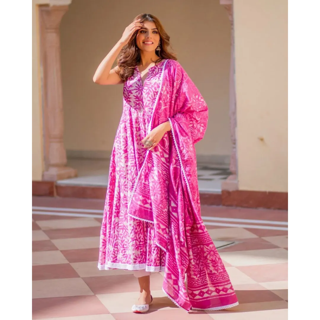 Cotton Floral Pink Women Kurti Pant set with Dupatta