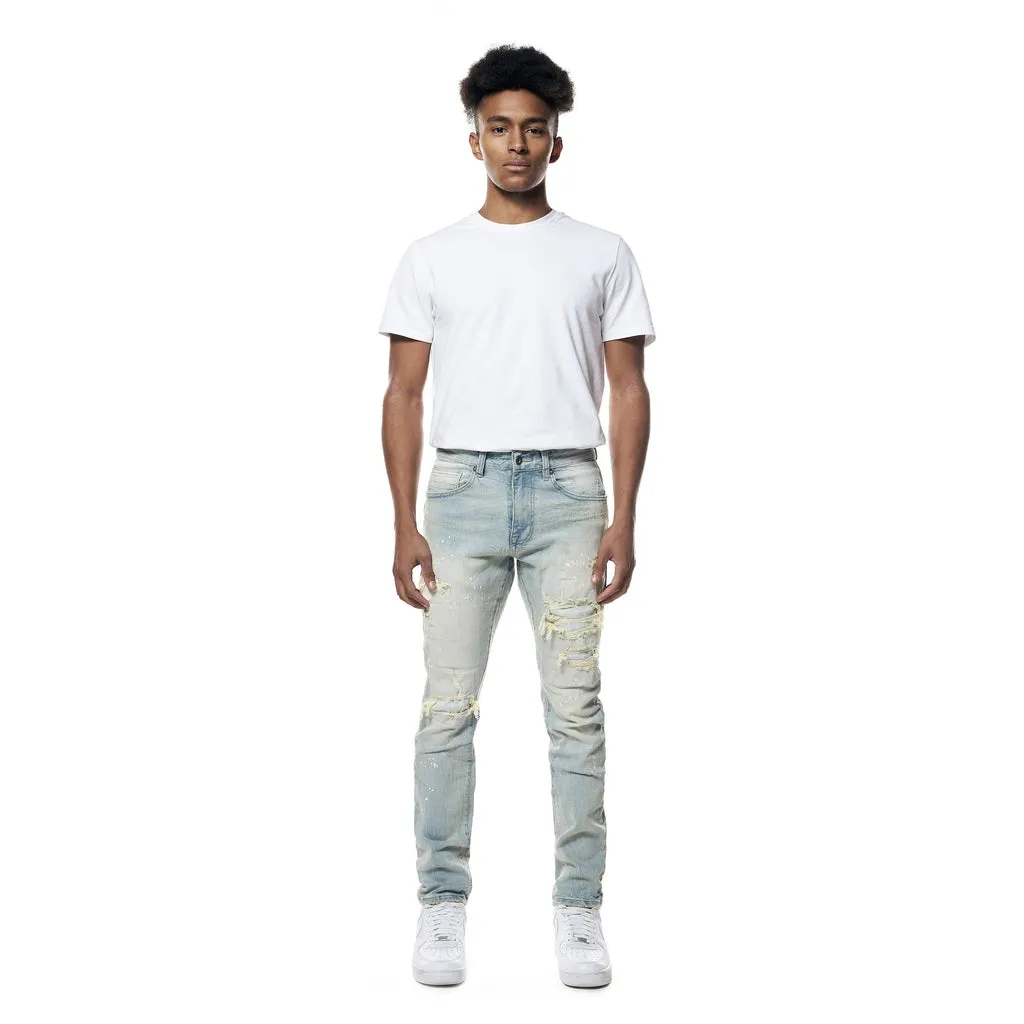 Distressed Rip & Repair Slim Tapered Denim Jeans - Elm Blue