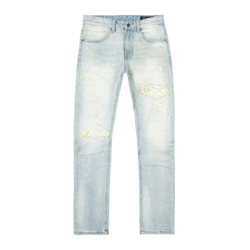 Distressed Rip & Repair Slim Tapered Denim Jeans - Elm Blue