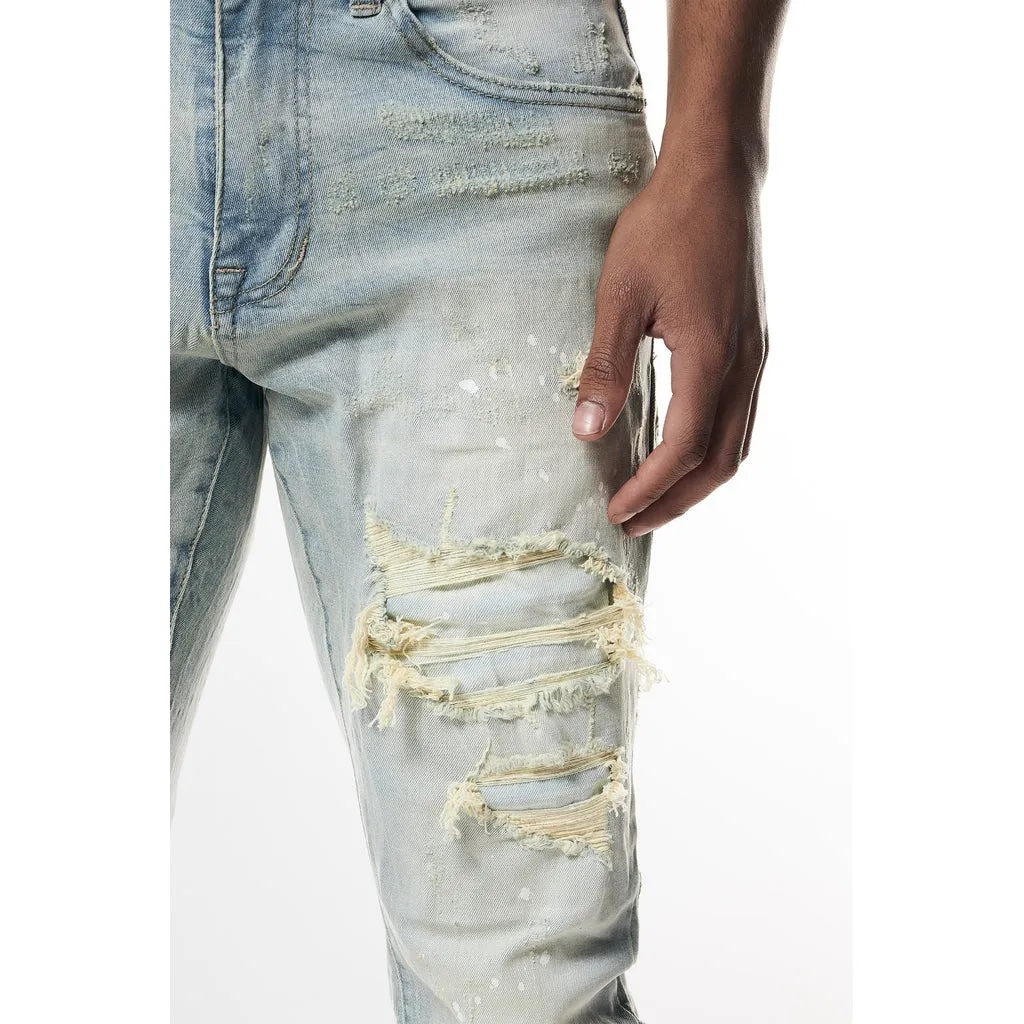 Distressed Rip & Repair Slim Tapered Denim Jeans - Elm Blue