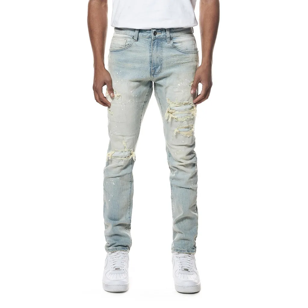 Distressed Rip & Repair Slim Tapered Denim Jeans - Elm Blue