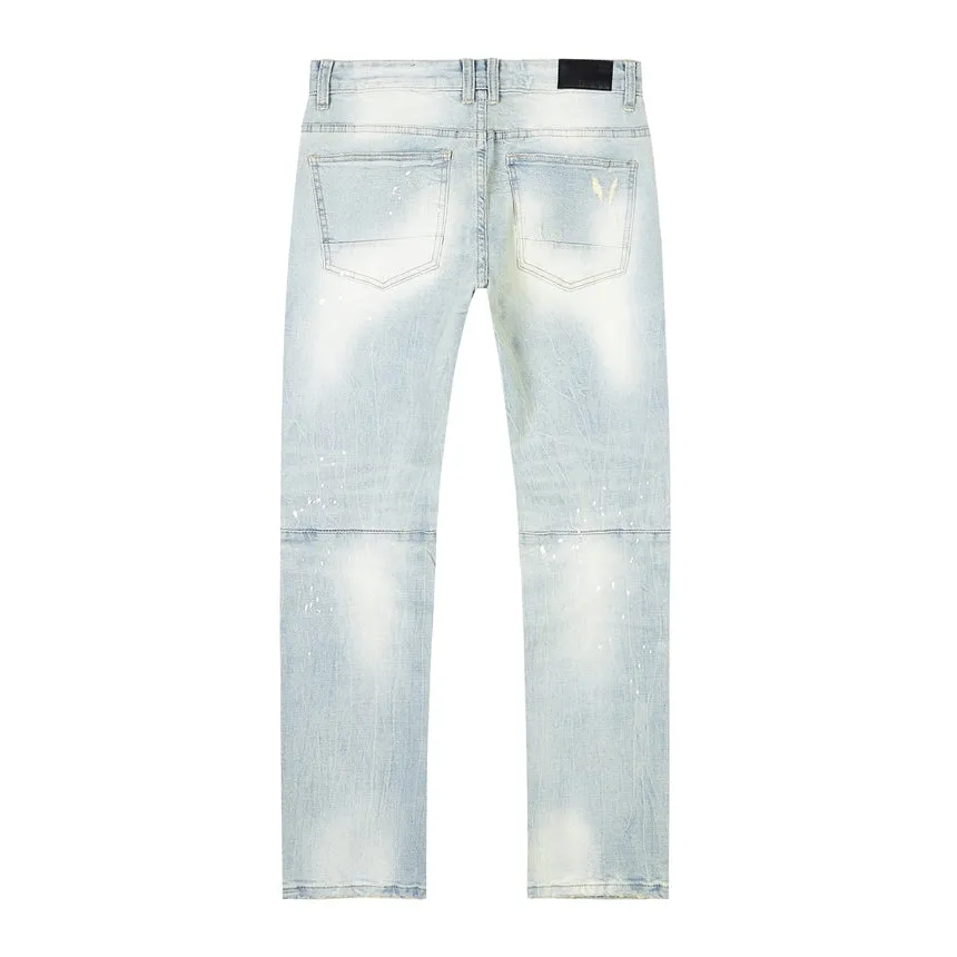 Distressed Rip & Repair Slim Tapered Denim Jeans - Elm Blue