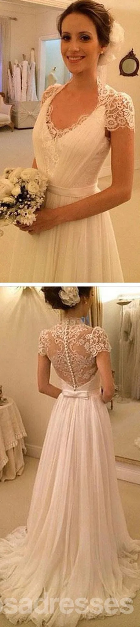 Elegant Cap Sleeve See Through Lace Top Sheath Cheap Wedding Dresses, WD0137