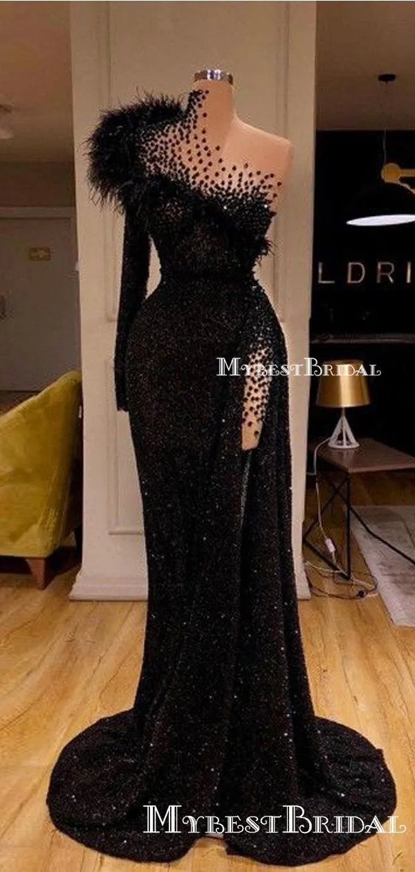 Elegant Charming One Shoulder Long Sleeves Black Tulle Beaed High Side Slit Long Cheap  Prom Dresses, PDS0005