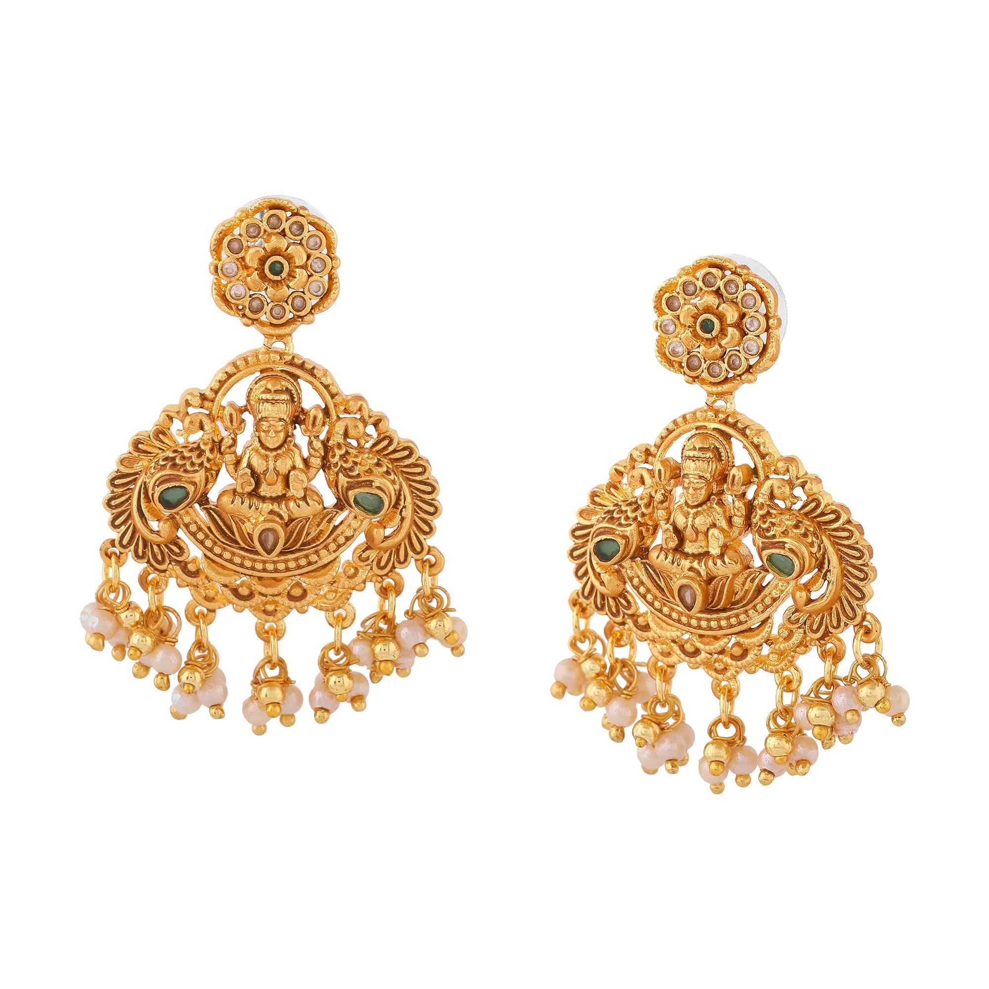 Estele Gold Plated CZ Goddess Lakshmi Devi Designer Earrings with Pearls for Women