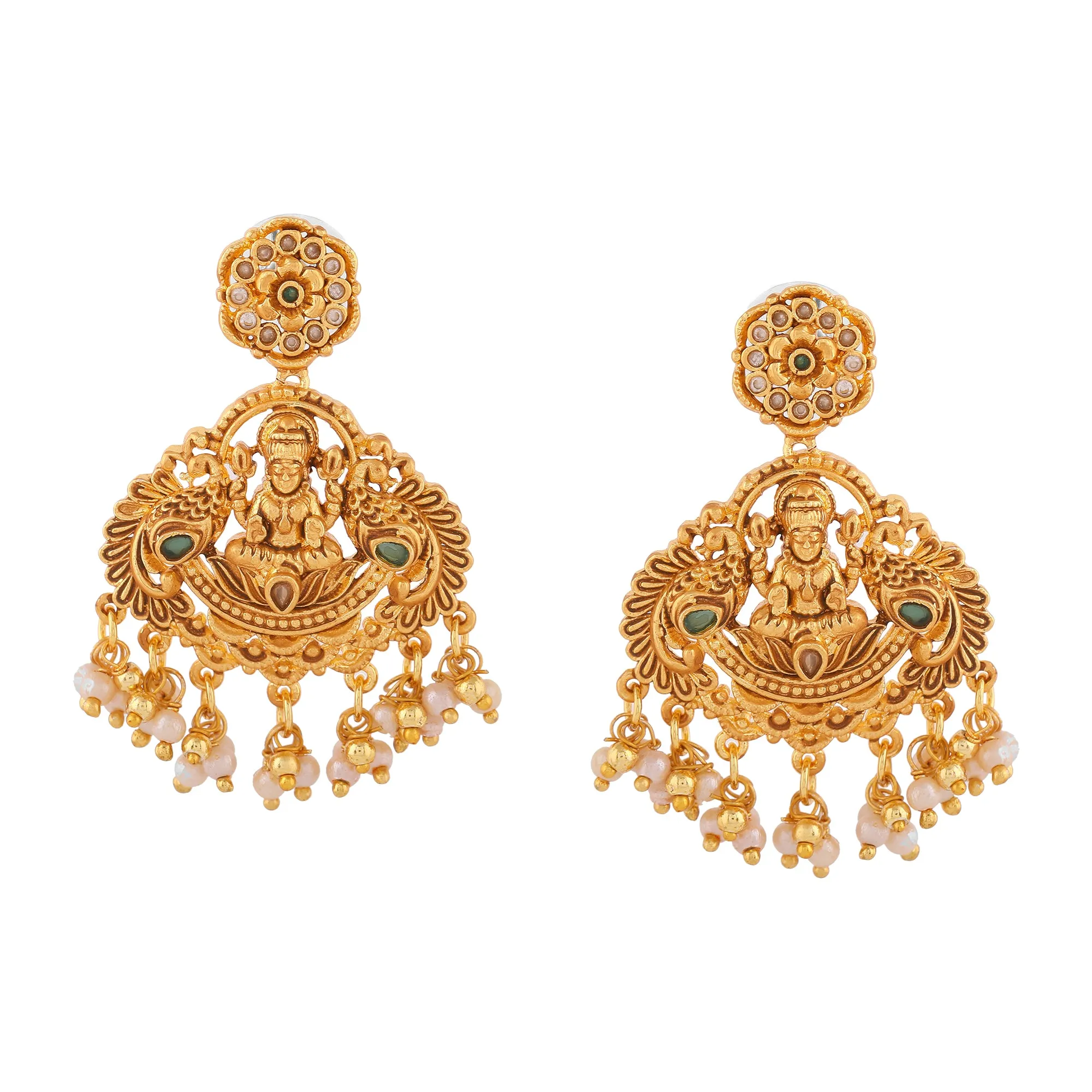 Estele Gold Plated CZ Goddess Lakshmi Devi Designer Earrings with Pearls for Women