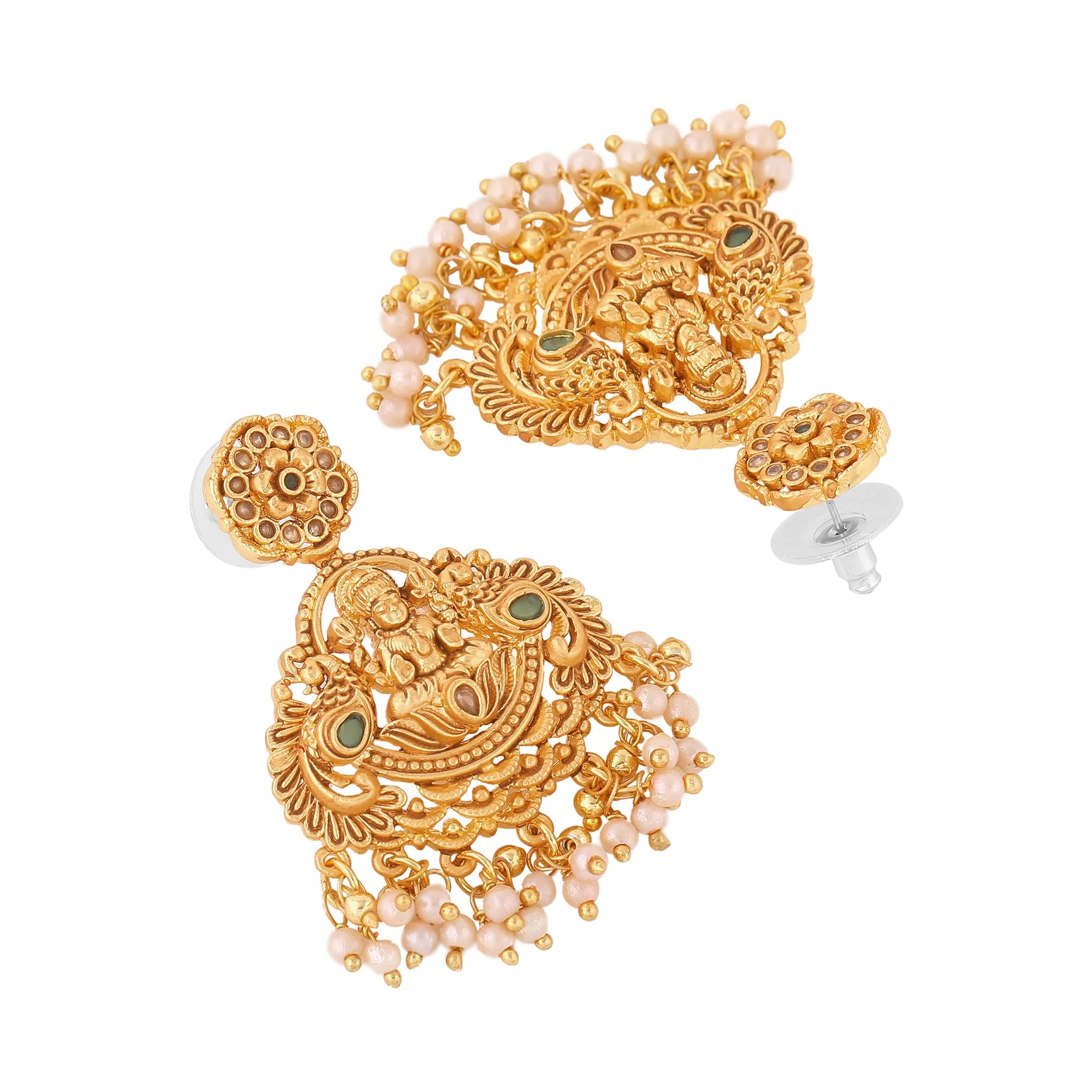 Estele Gold Plated CZ Goddess Lakshmi Devi Designer Earrings with Pearls for Women