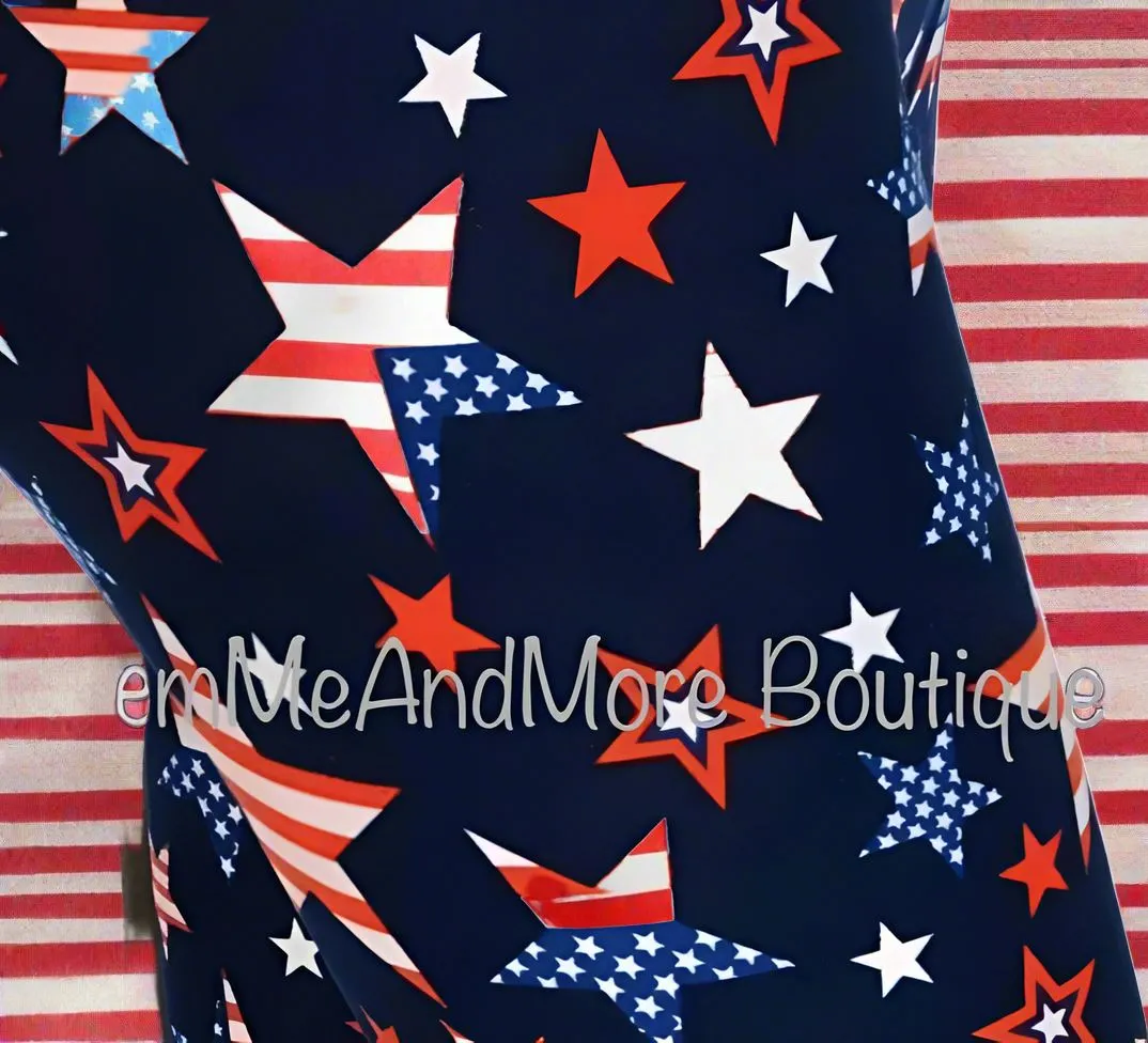 Girls 4th of July Star American Flag Leggings, Kids Yoga Pants, Sizes S/L, No-Roll Waist, Red/White/Blue