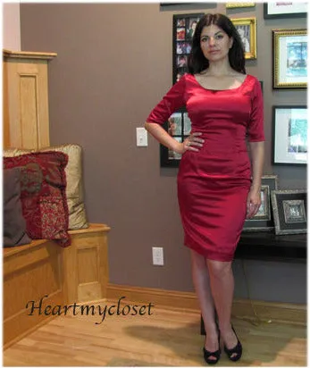 Jo - red satin wiggle retro dress mid sleeves scoop neck