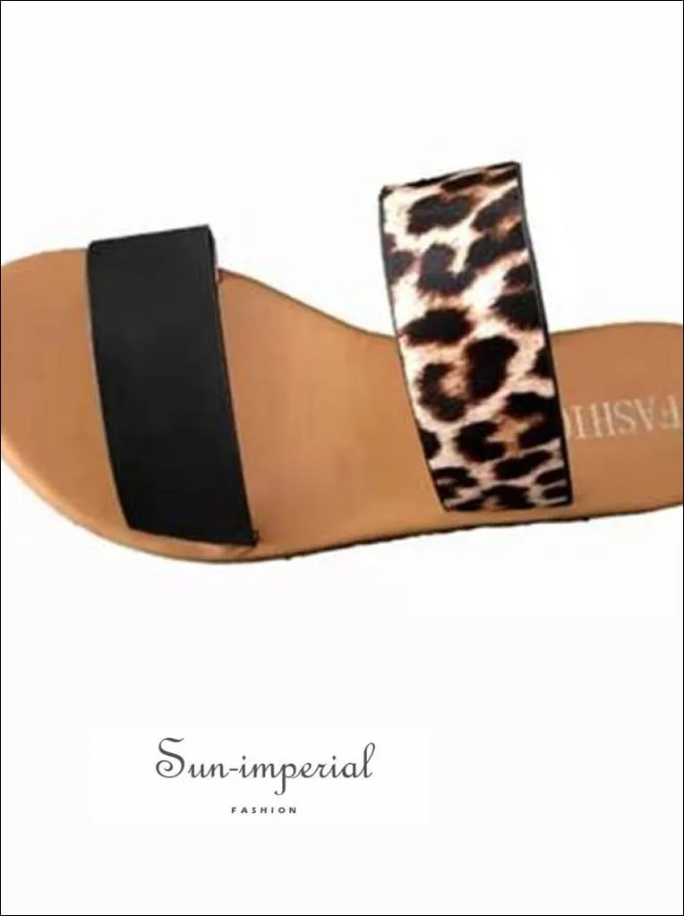 Leopard Double Band Flat Slide Sandals - Black and White