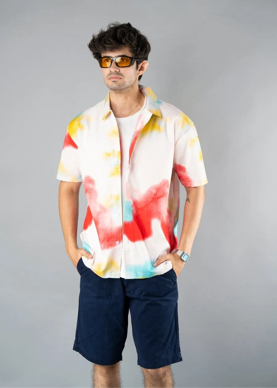 Mens Cuban Collar Printed Casual Shirt