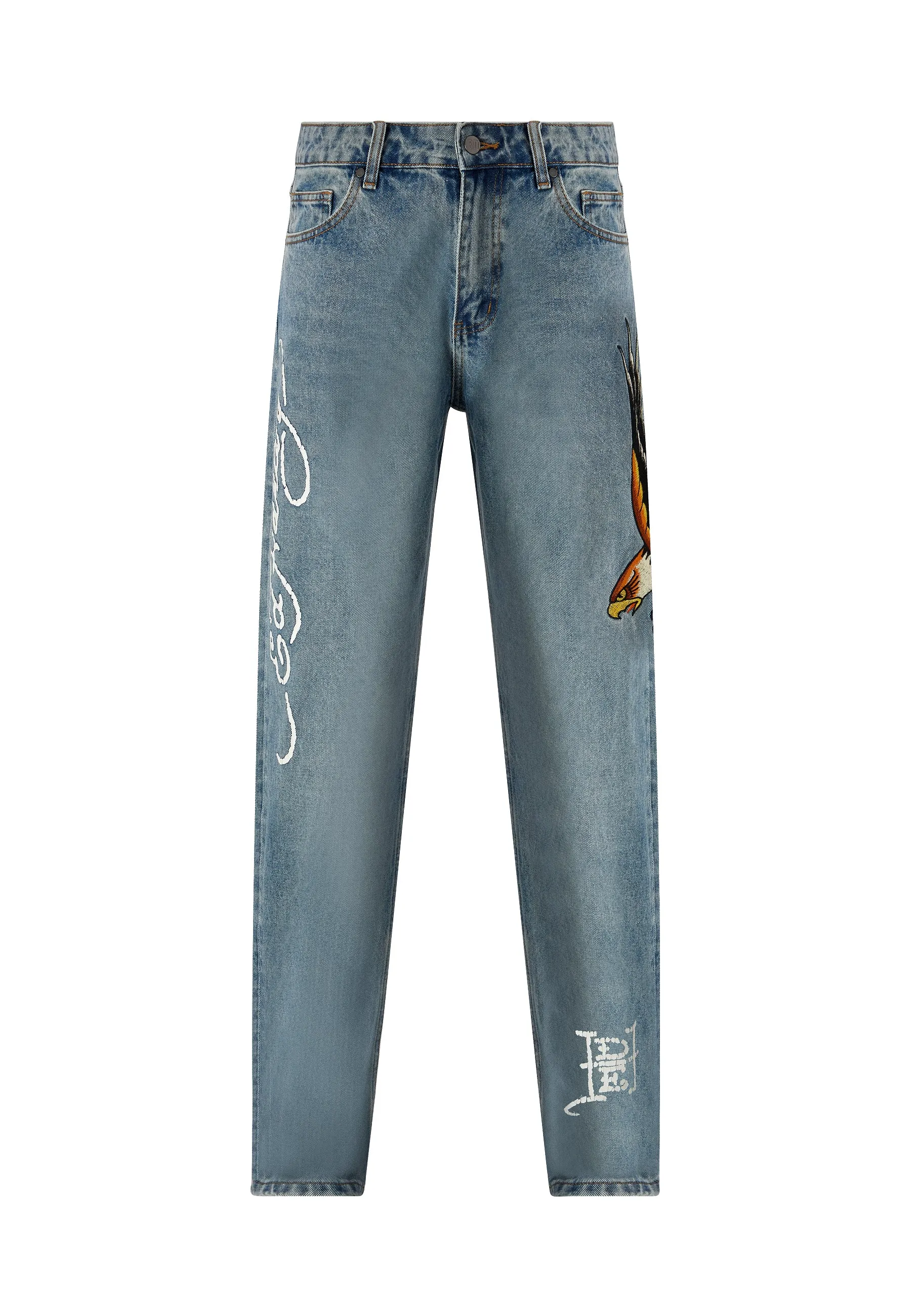 Mens Golden-Eagle Tattoo Graphic Denim Trousers Jeans - Bleach