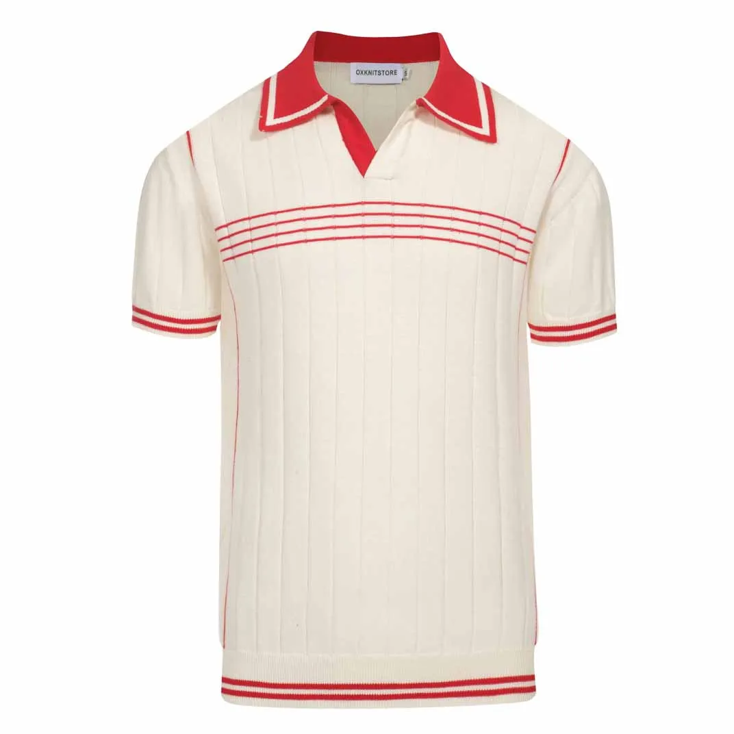 Men's white apricot V-neck striped knit polo shirt