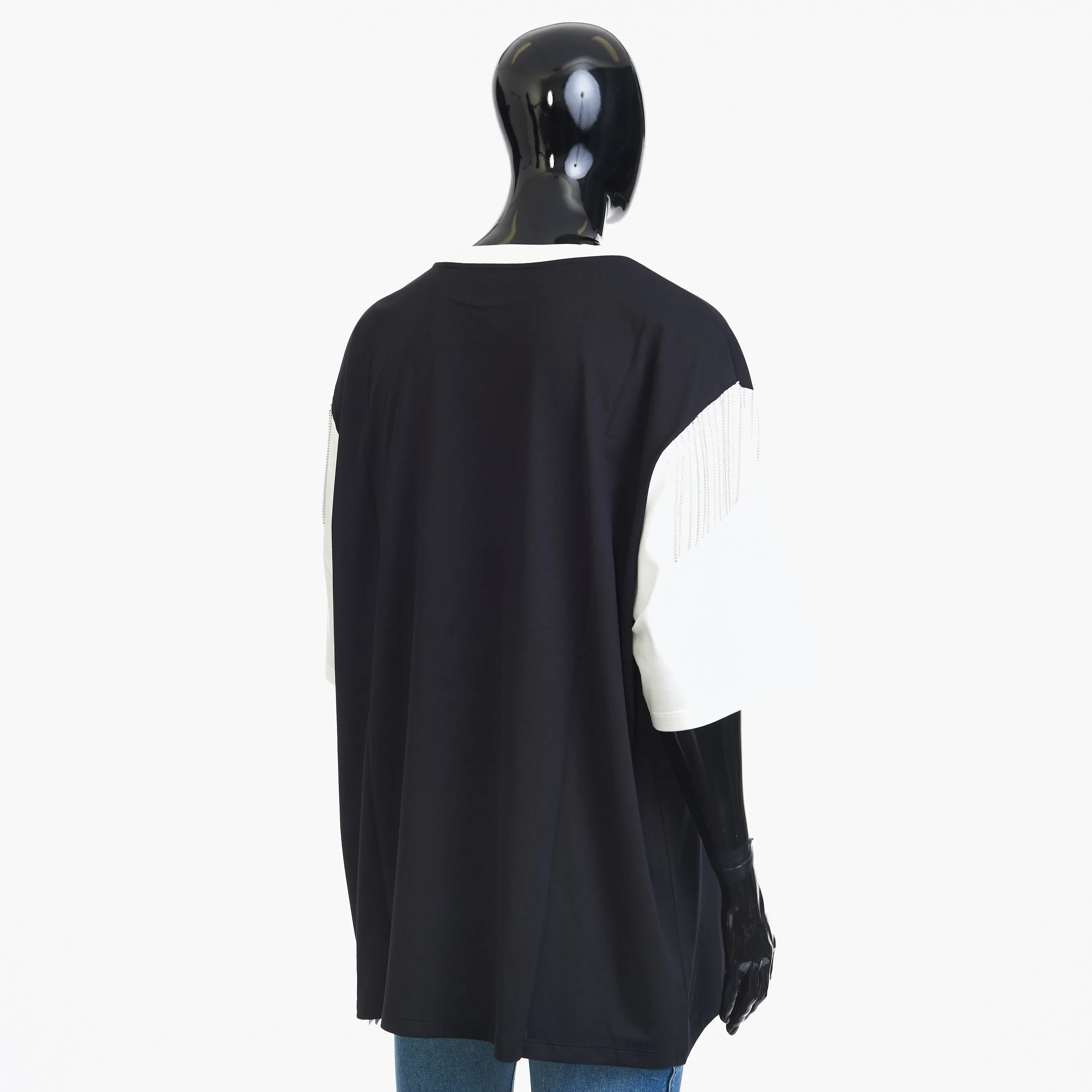 Oversized T-shirt In Black And White Cotton Jersey With Celine Print And Sequined Fringe