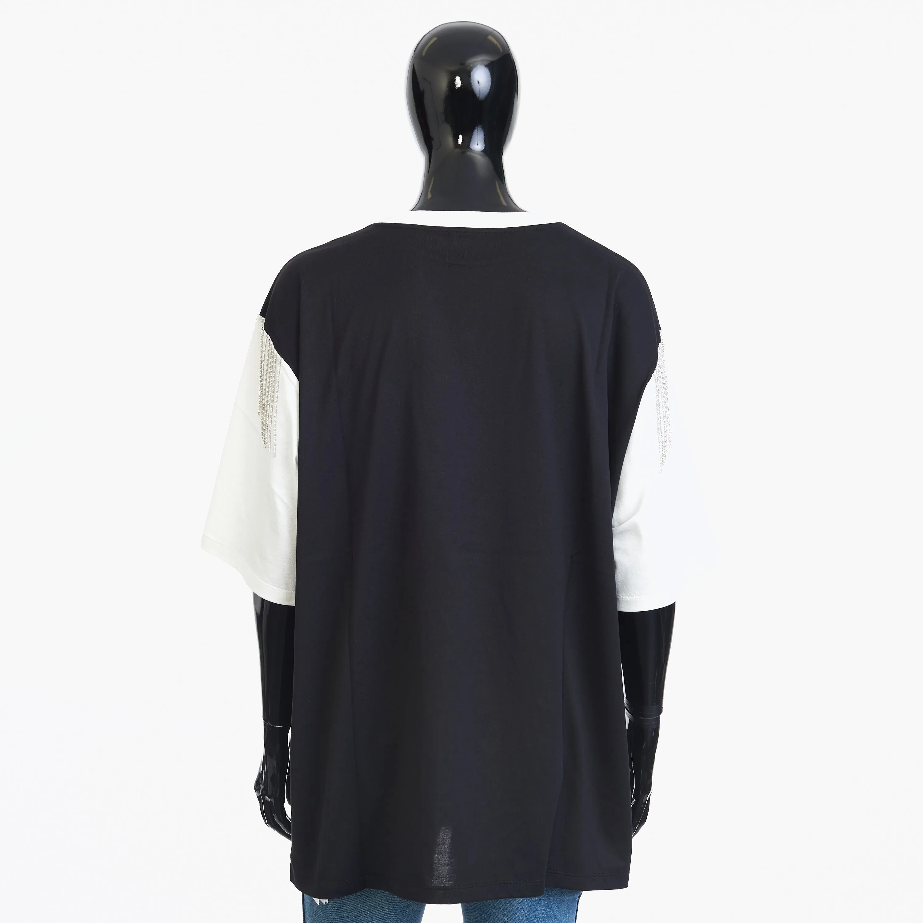 Oversized T-shirt In Black And White Cotton Jersey With Celine Print And Sequined Fringe