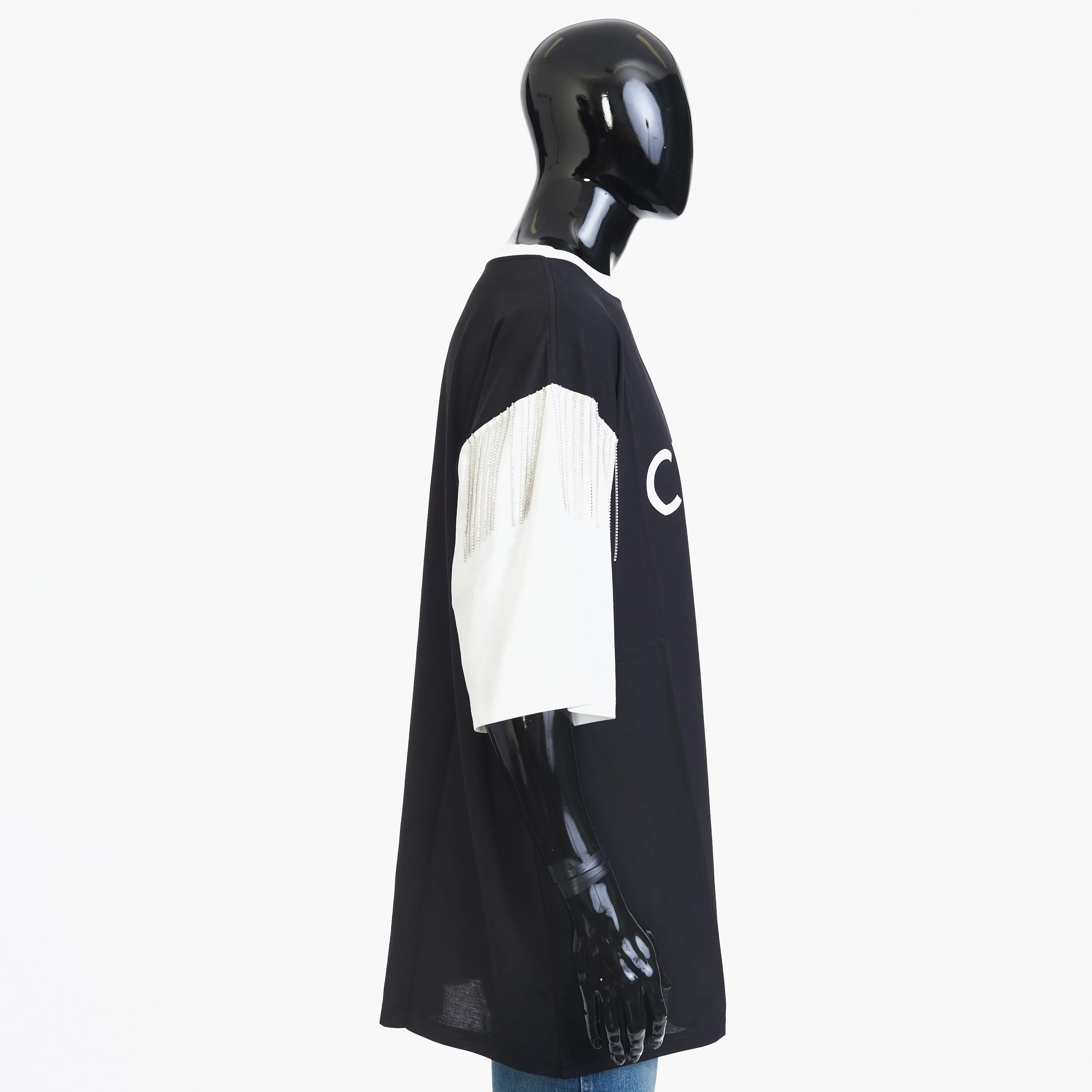 Oversized T-shirt In Black And White Cotton Jersey With Celine Print And Sequined Fringe