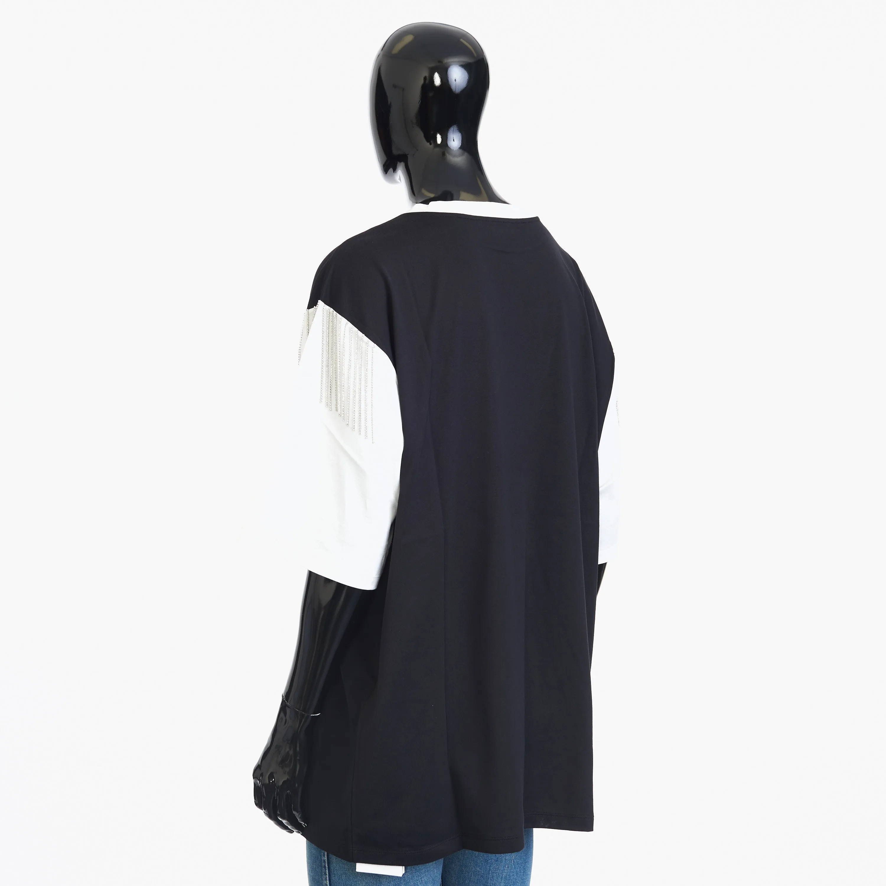 Oversized T-shirt In Black And White Cotton Jersey With Celine Print And Sequined Fringe