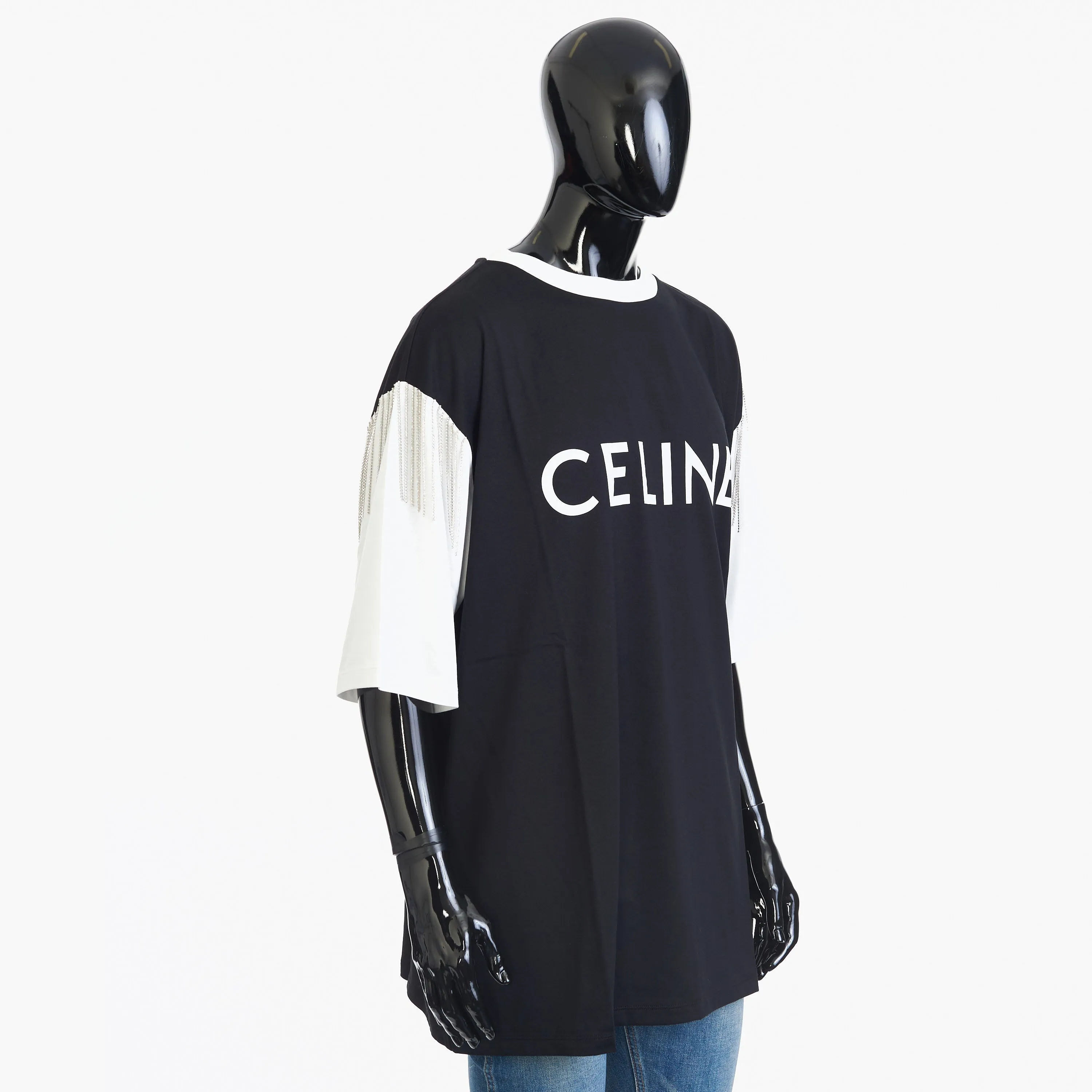 Oversized T-shirt In Black And White Cotton Jersey With Celine Print And Sequined Fringe