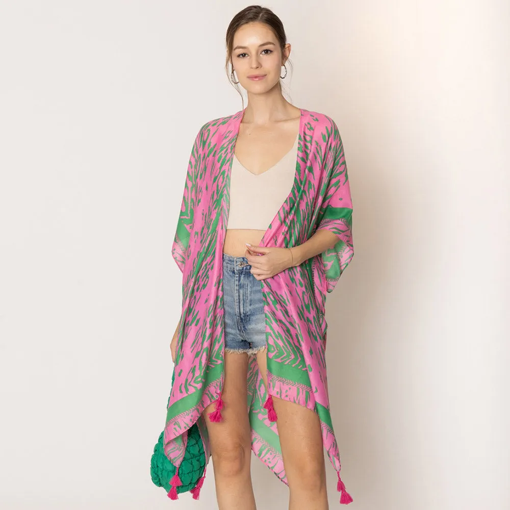 Pink & Green Animal Print Kimono Poncho With Tassel for Women