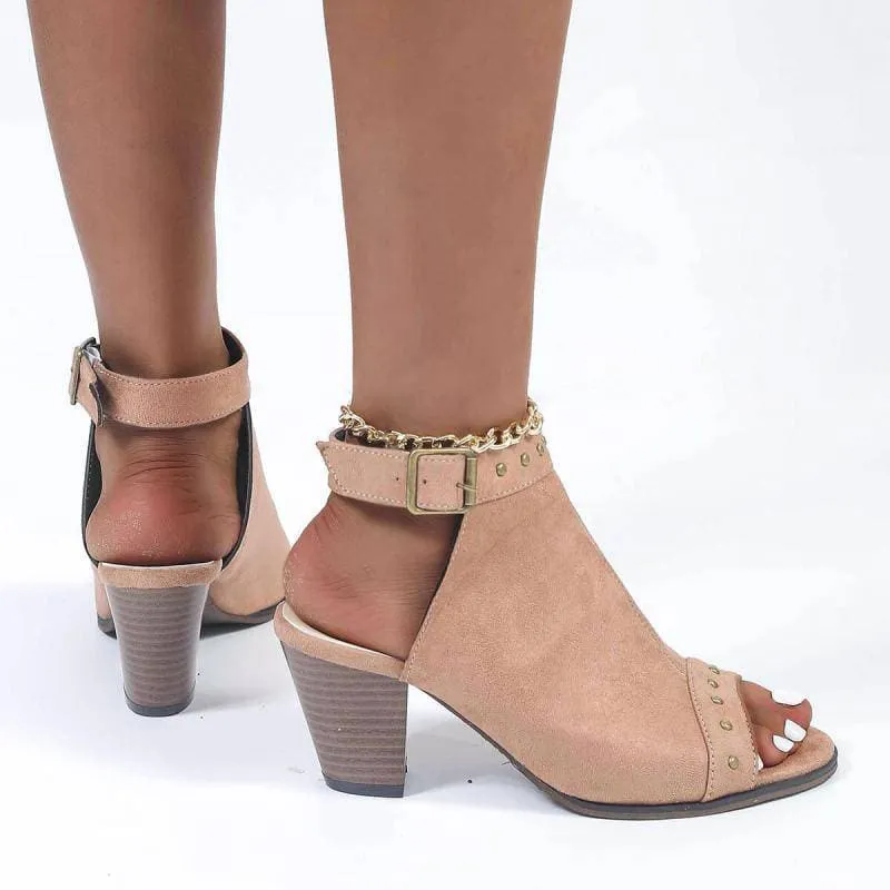 Rivet Peep Toe Adjusting Buckle Chunky Heel Sandals