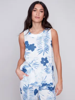 Sleeveless Printed Linen Top - Blue