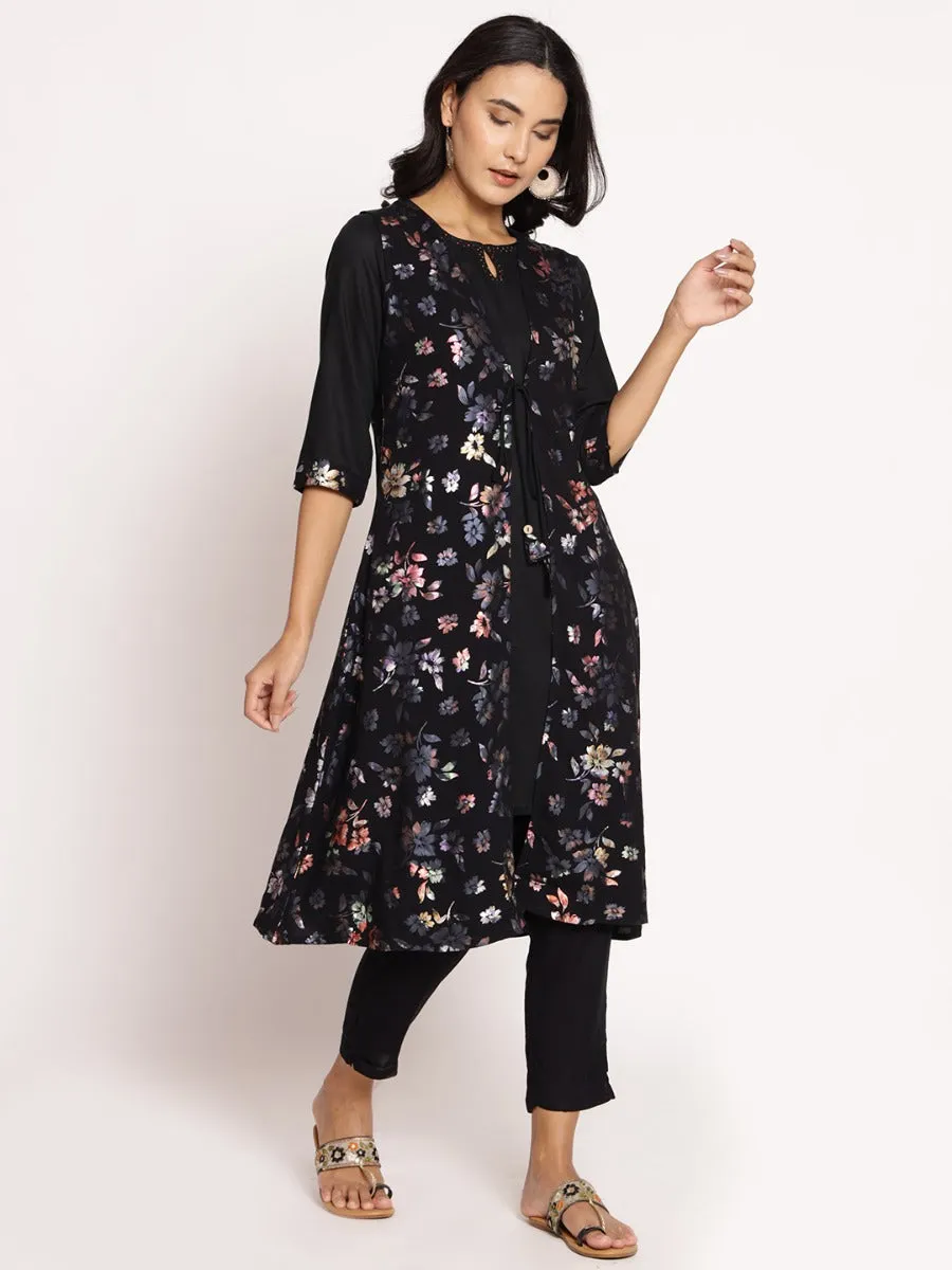 Women Black Floral Printed Kurta Jacket Trouser