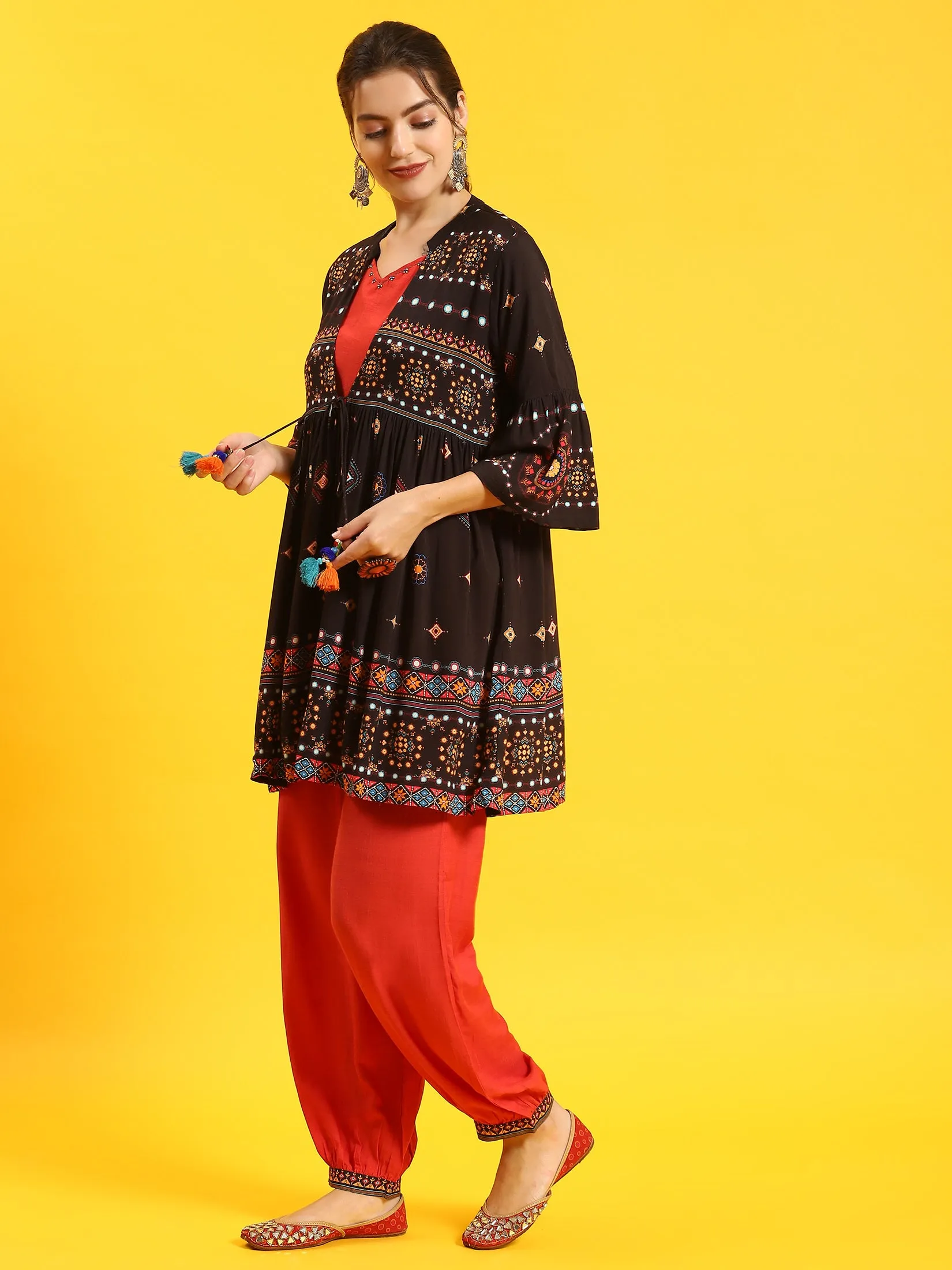 Women Black Printed Kurta Jacket Harem Pant