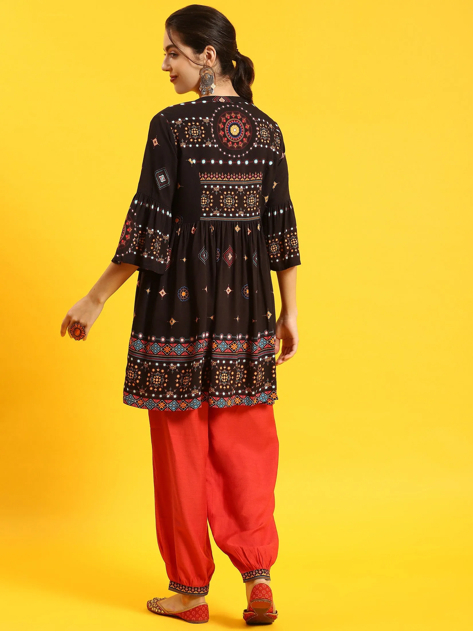 Women Black Printed Kurta Jacket Harem Pant