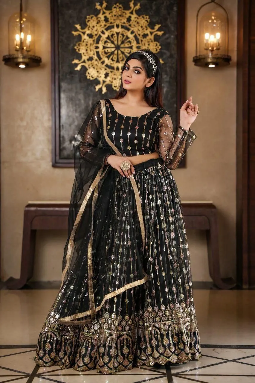 Women Black Sequin Embroidery Lehenga Choli Dupatta set